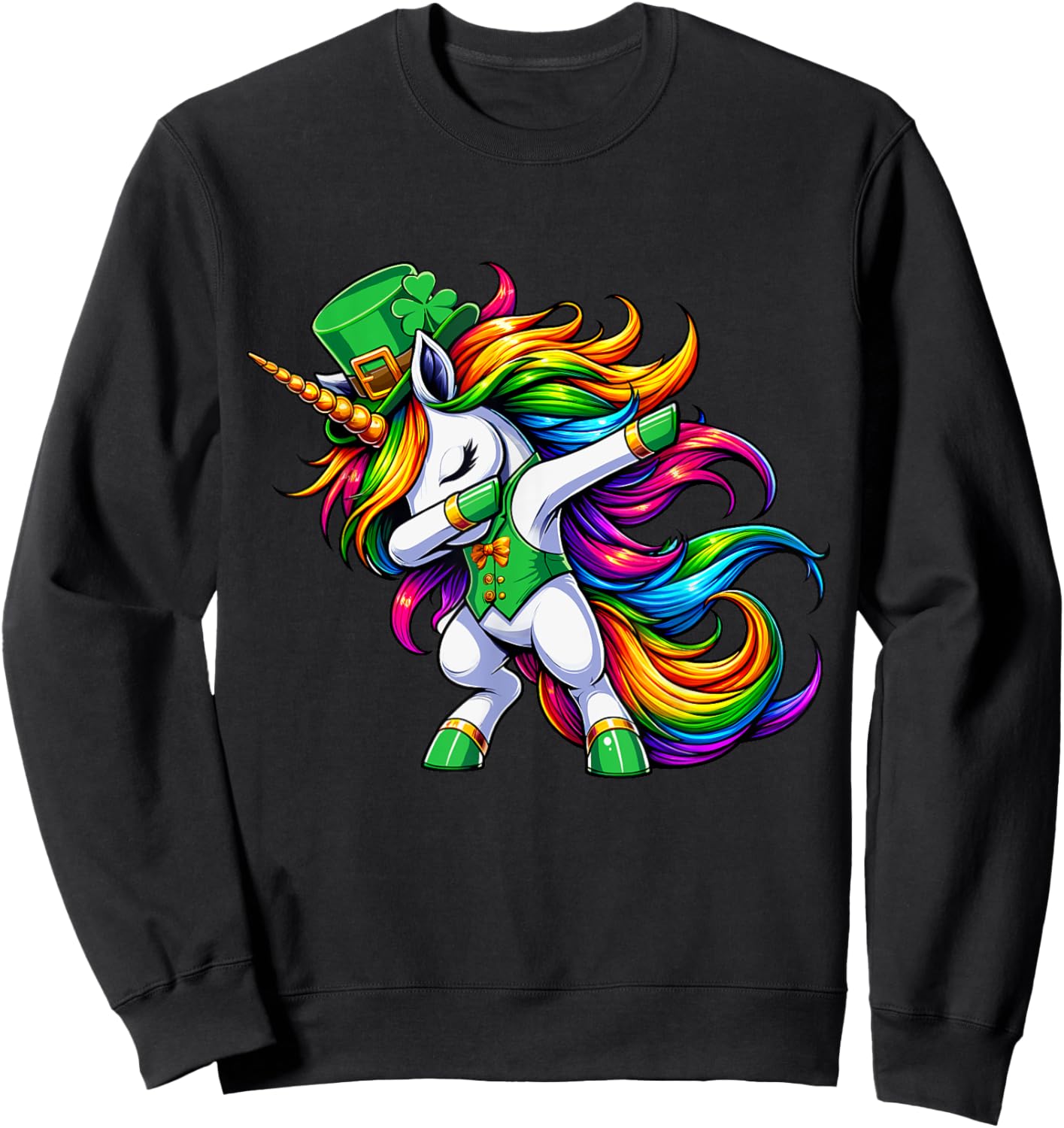 St Patricks Day Girls Women Boys Dabbing Unicorn Leprechaun Sweatshirt - Sweatshirt | Black