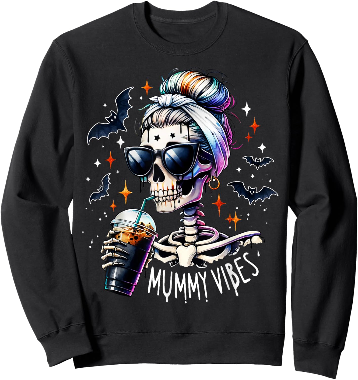 Mummy Vibes Skeleton Coffee Mom Spooky Season Halloween Sweatshirt - Sweatshirt | Black