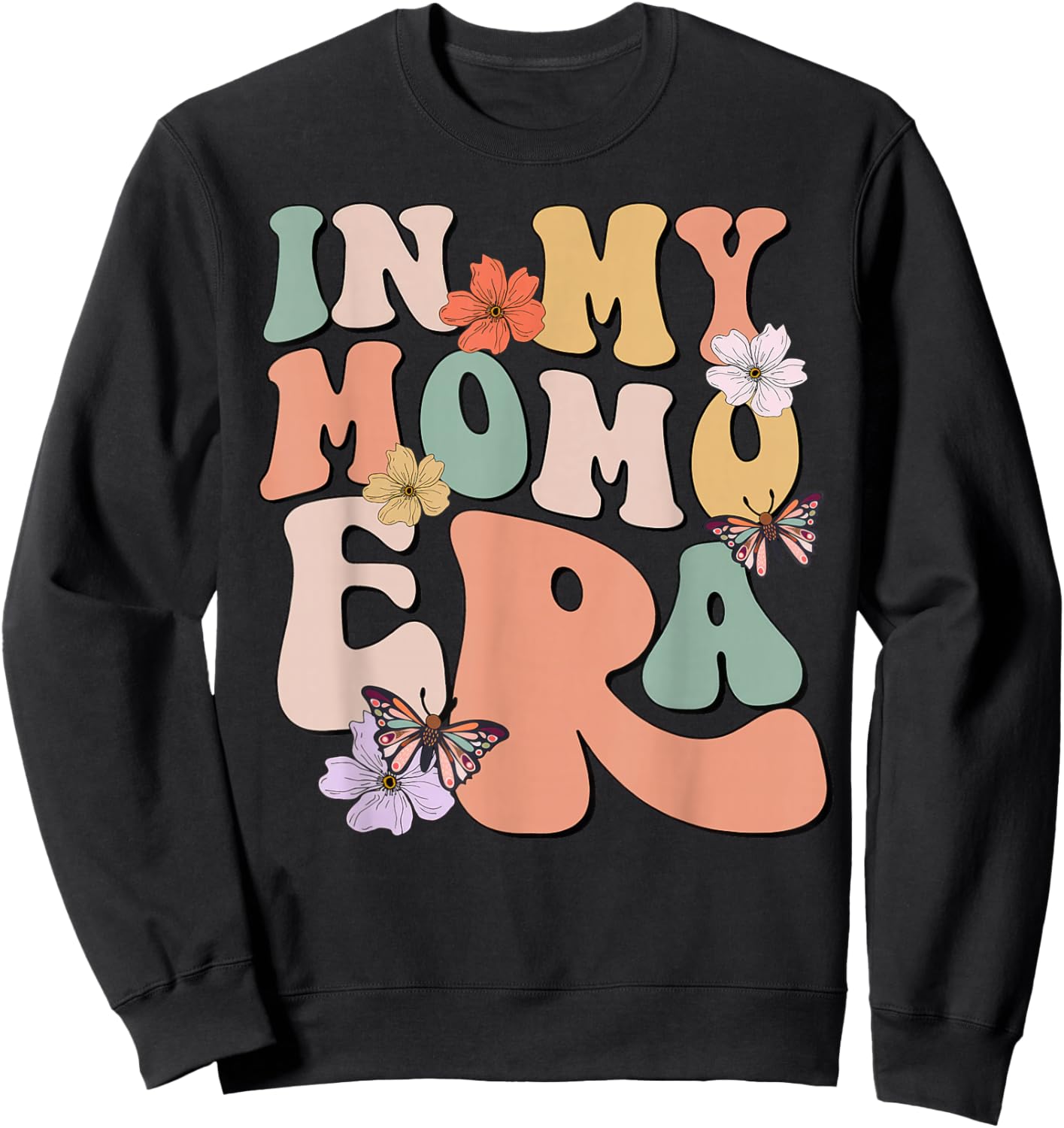 Retro Groovy In My Momo Era Butterfly Mother's Day Sweatshirt - Sweatshirt | Black