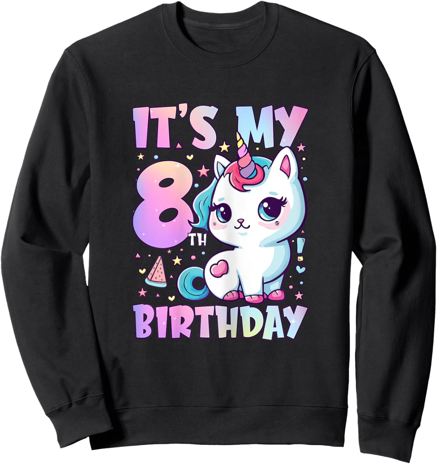 8th Birthday Shirt For Girls 8 Year Old Cat Unicorn Birthday Sweatshirt - Sweatshirt | Black