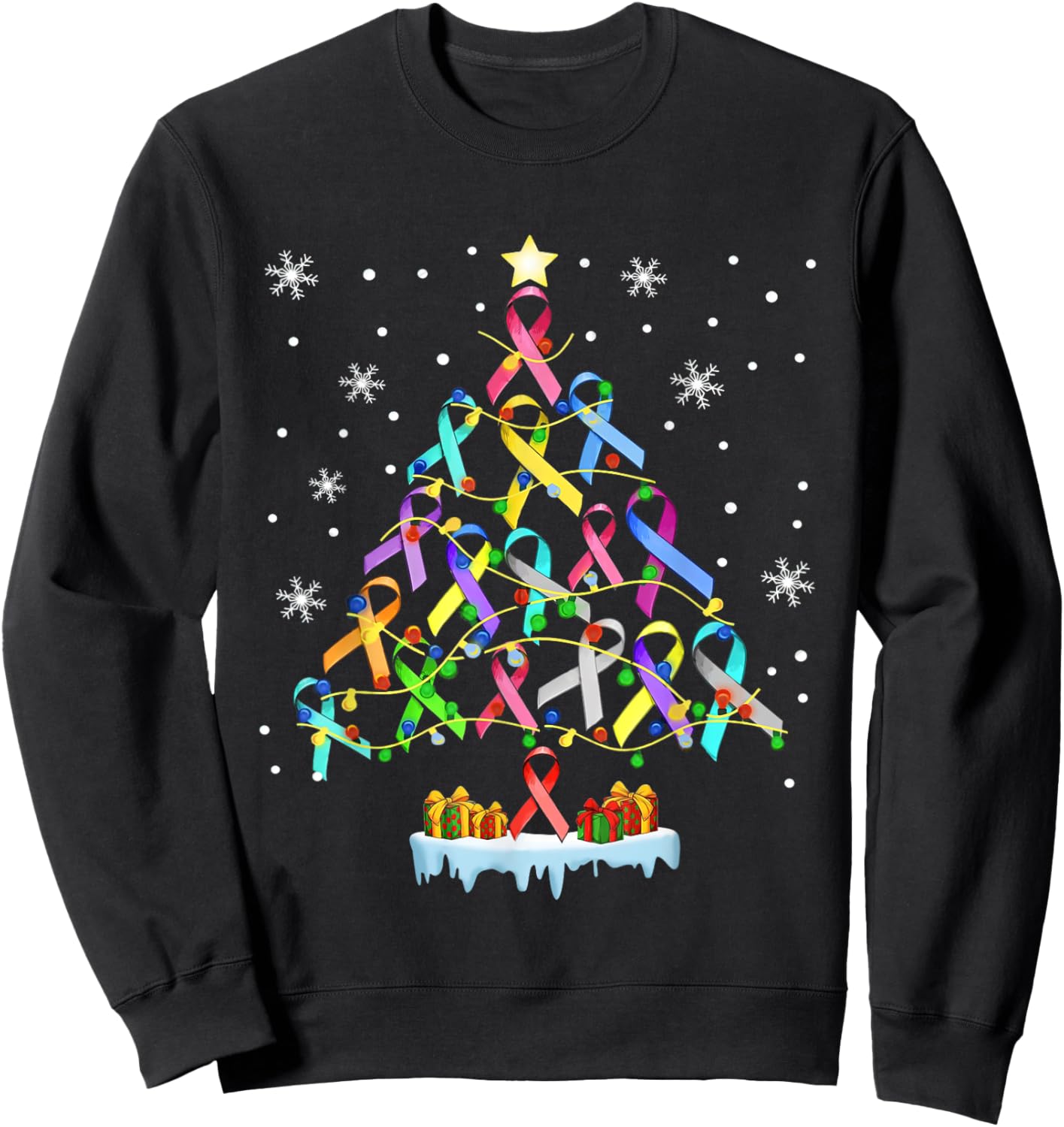 Hope Fight Cancer Christmas Tree Ribbon Christmas Awareness Sweatshirt - Sweatshirt | Black