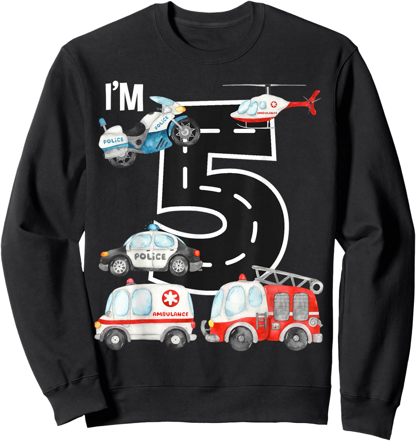 Emergency Vehicles 5th Birthday Fire Truck Police Car Boys Sweatshirt - Sweatshirt | Black