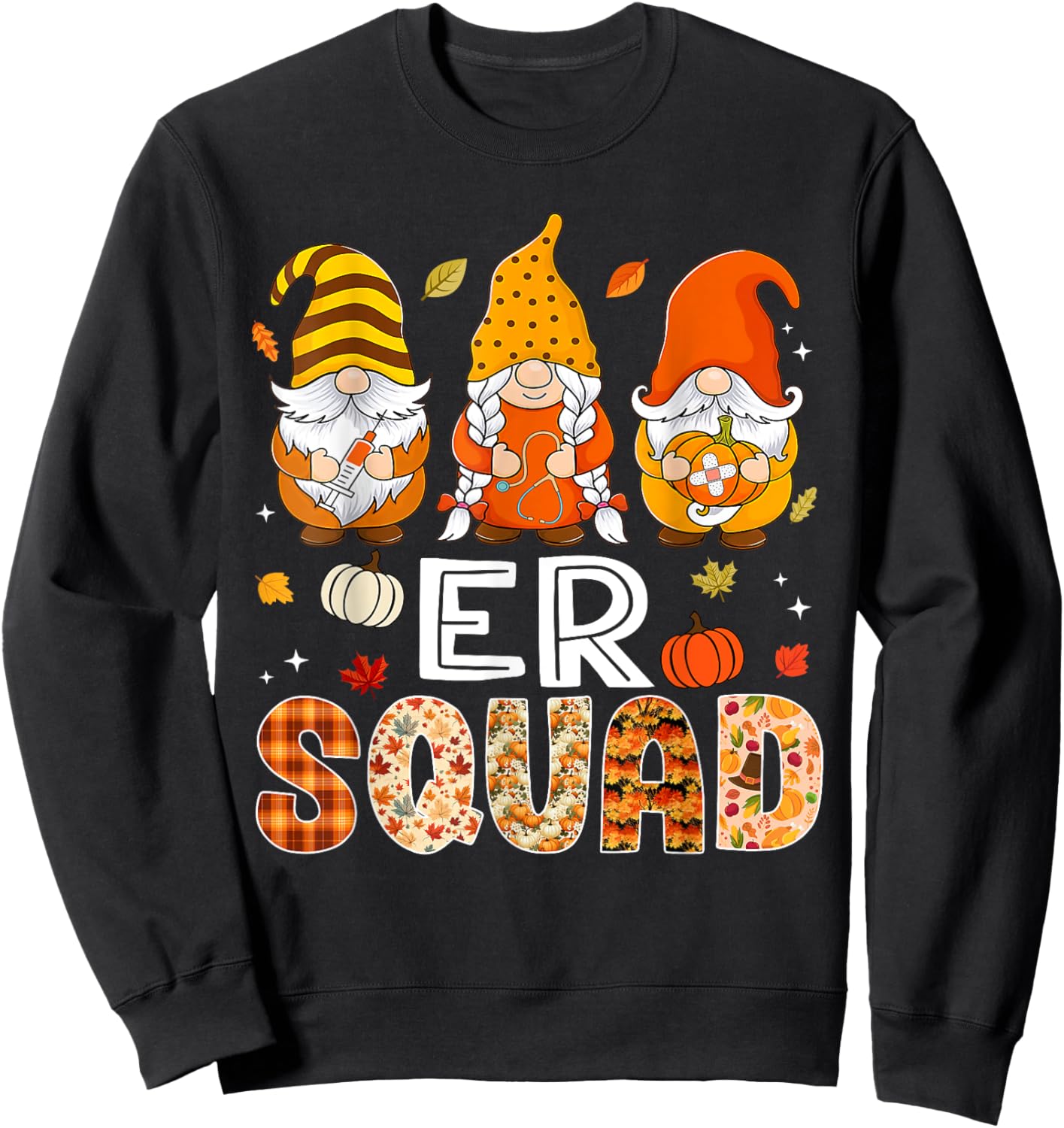 ER Squad Gnome Nurse Leopard Thanksgiving Fall Stethoscope Sweatshirt - Sweatshirt | Black