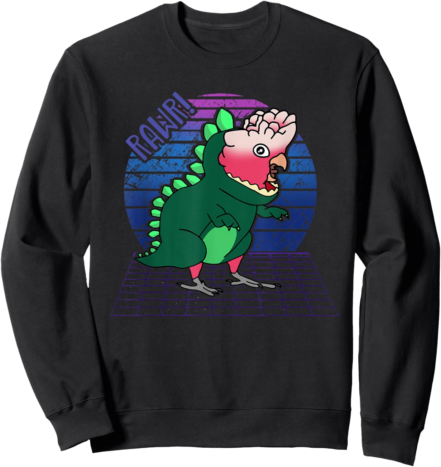 Funny Birb, Vaporwave Rose breasted Galah Cockatoo Dinosaur Sweatshirt - Sweatshirt | Black