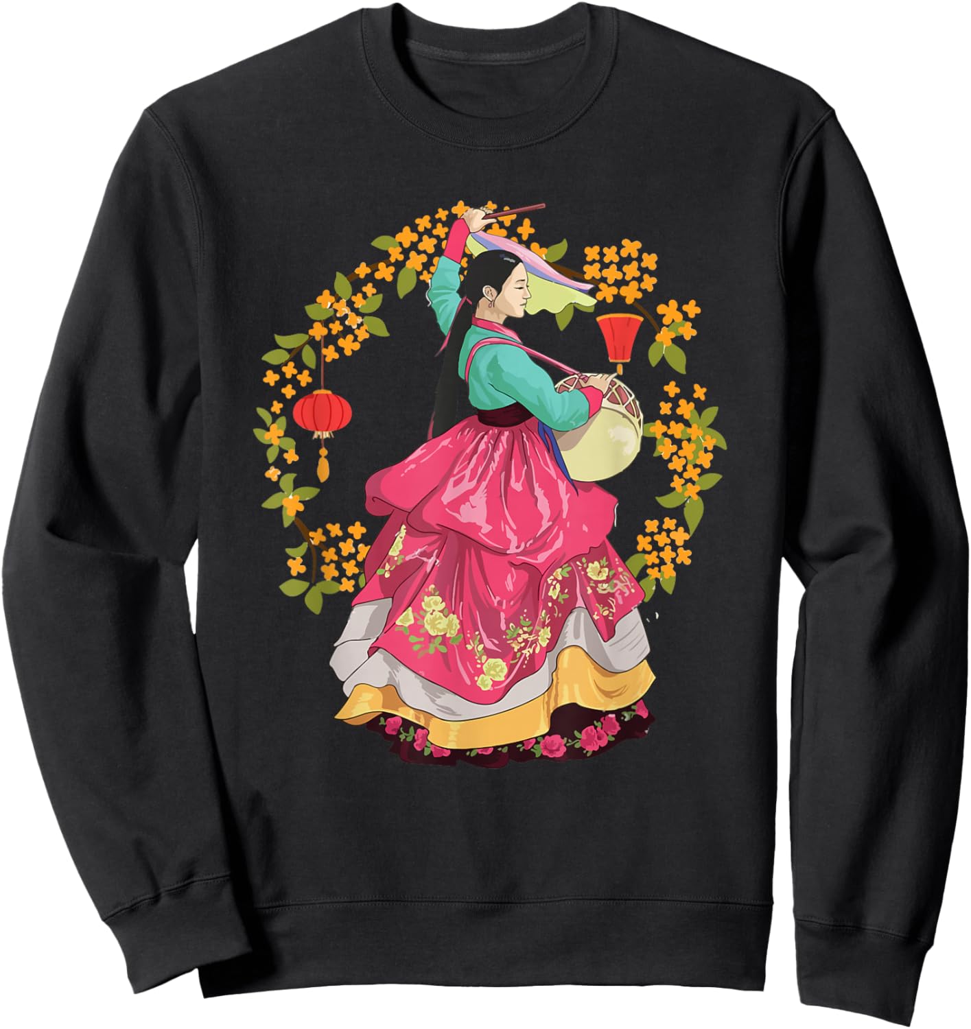Beautiful Korea Girl Wearing Traditional Korean Hanbok Sweatshirt - Sweatshirt | Black