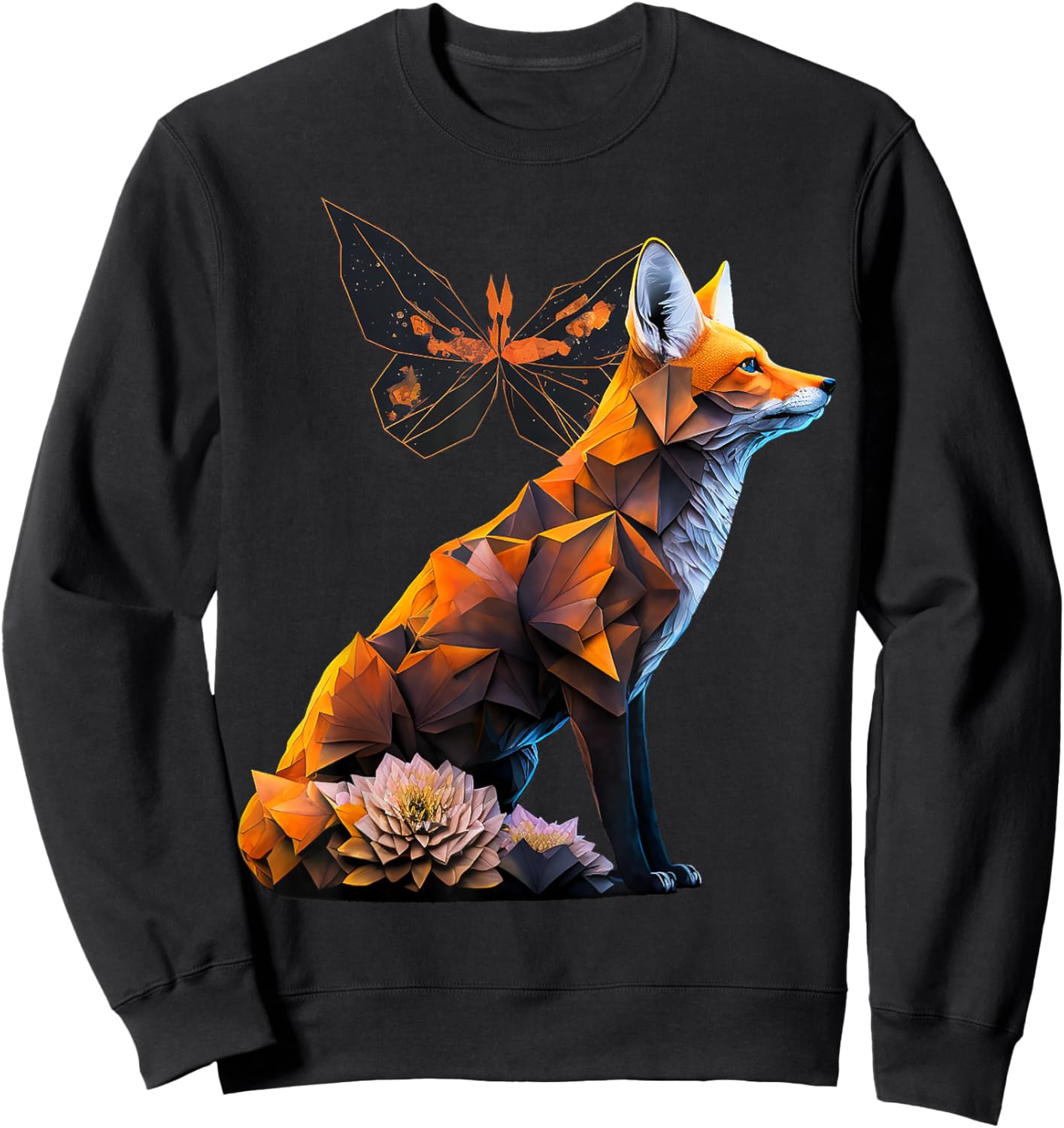 Fox Butterfly Motif Art Animal Fox Sweatshirt - Sweatshirt | Black