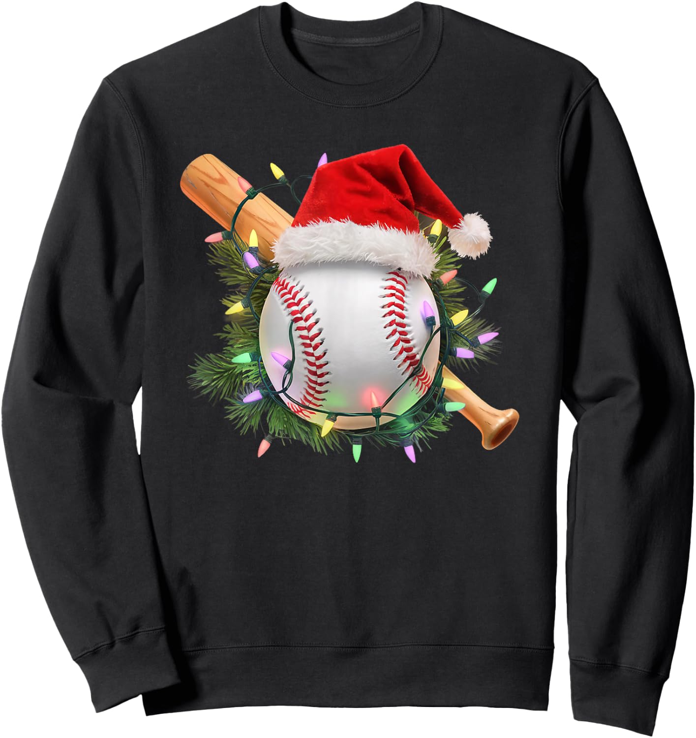 Christmas Baseball Santa Hat Holiday Lights Sports Fans Sweatshirt - Sweatshirt | Black