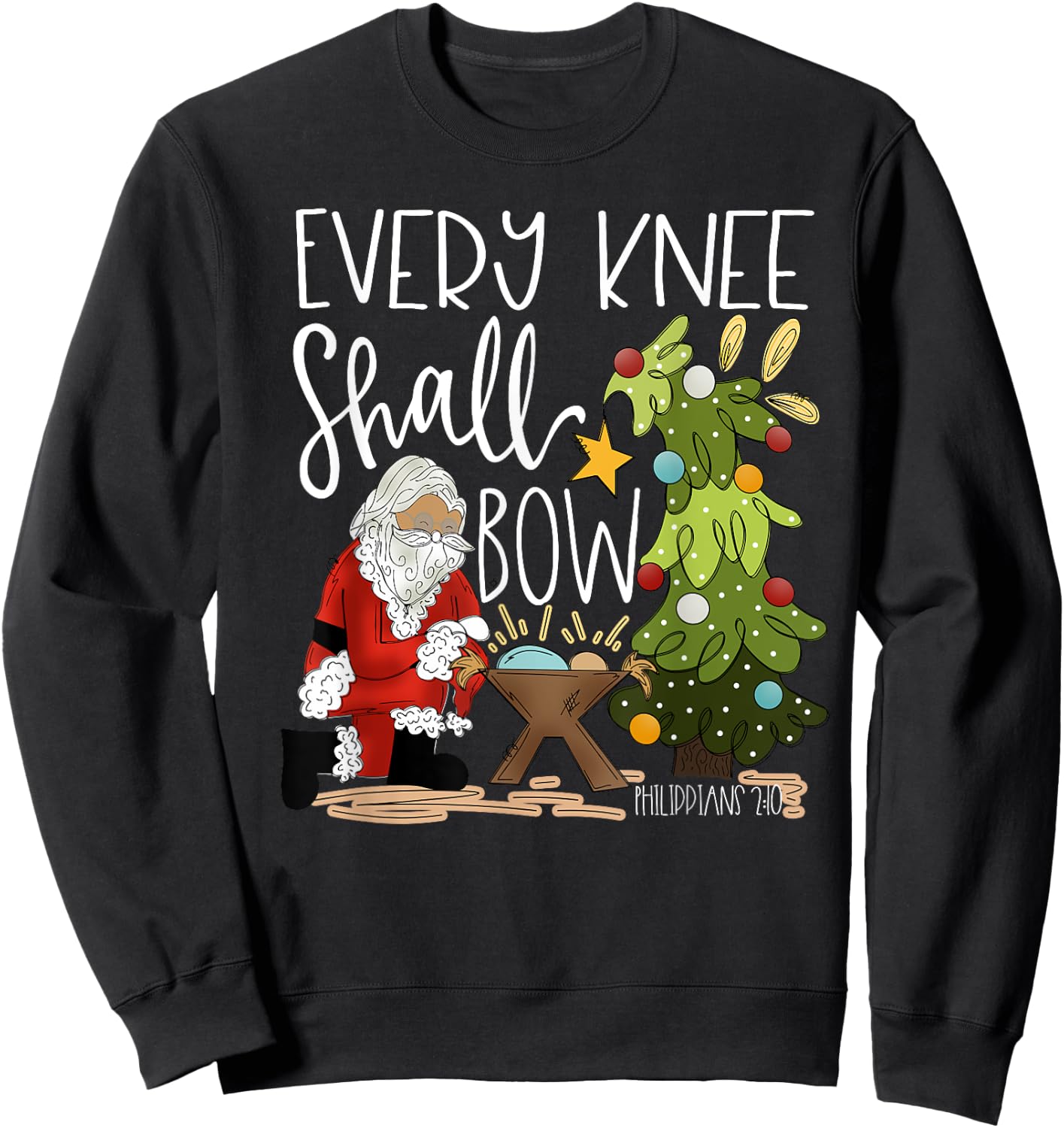 Retro Every Knee Shall Bow Santa Clause Religious Christmas Sweatshirt - Sweatshirt | Black