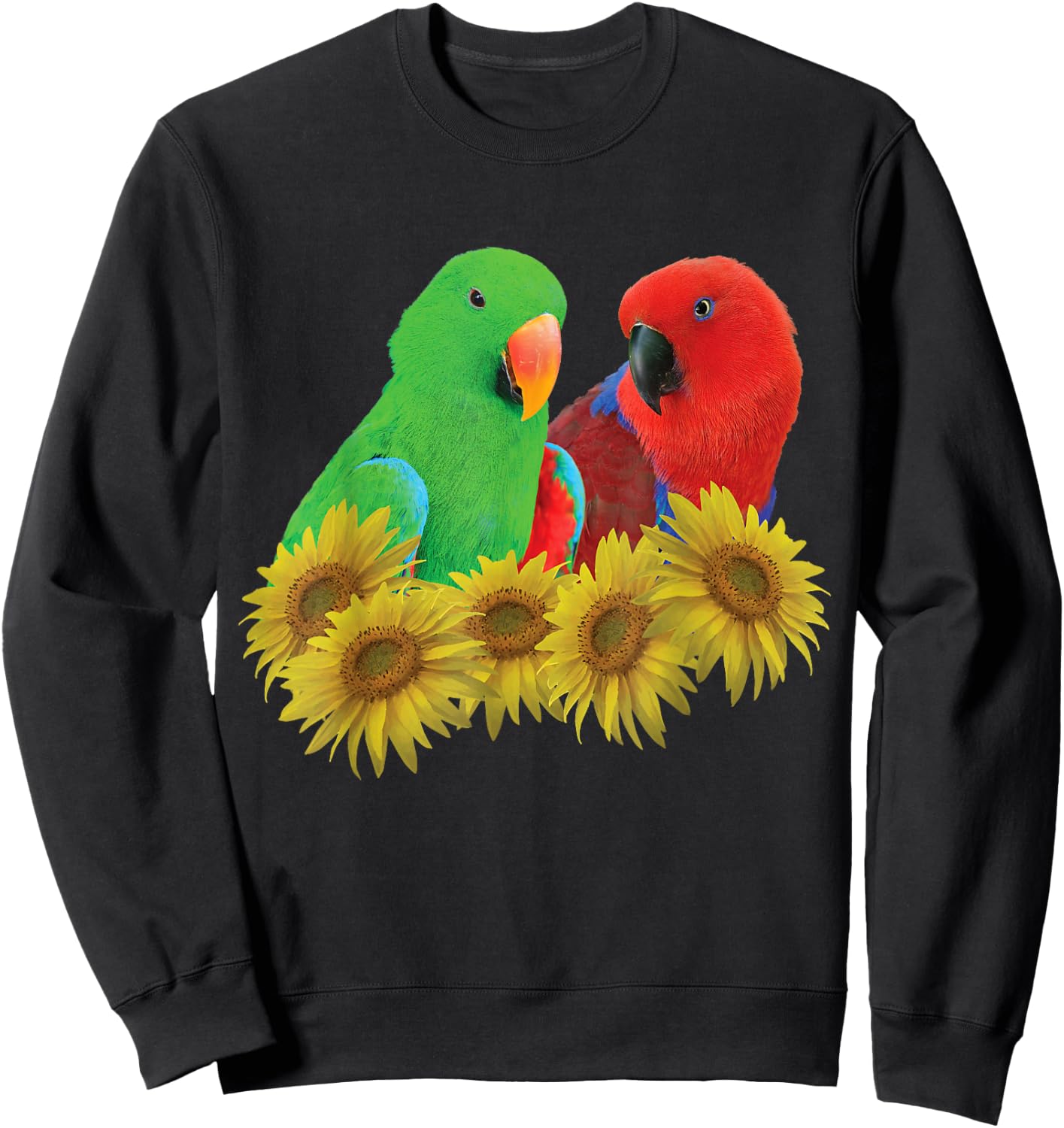 Pair of Eclectus Parrots, Male, and Female, Sunflower Sweatshirt - Sweatshirt | Black