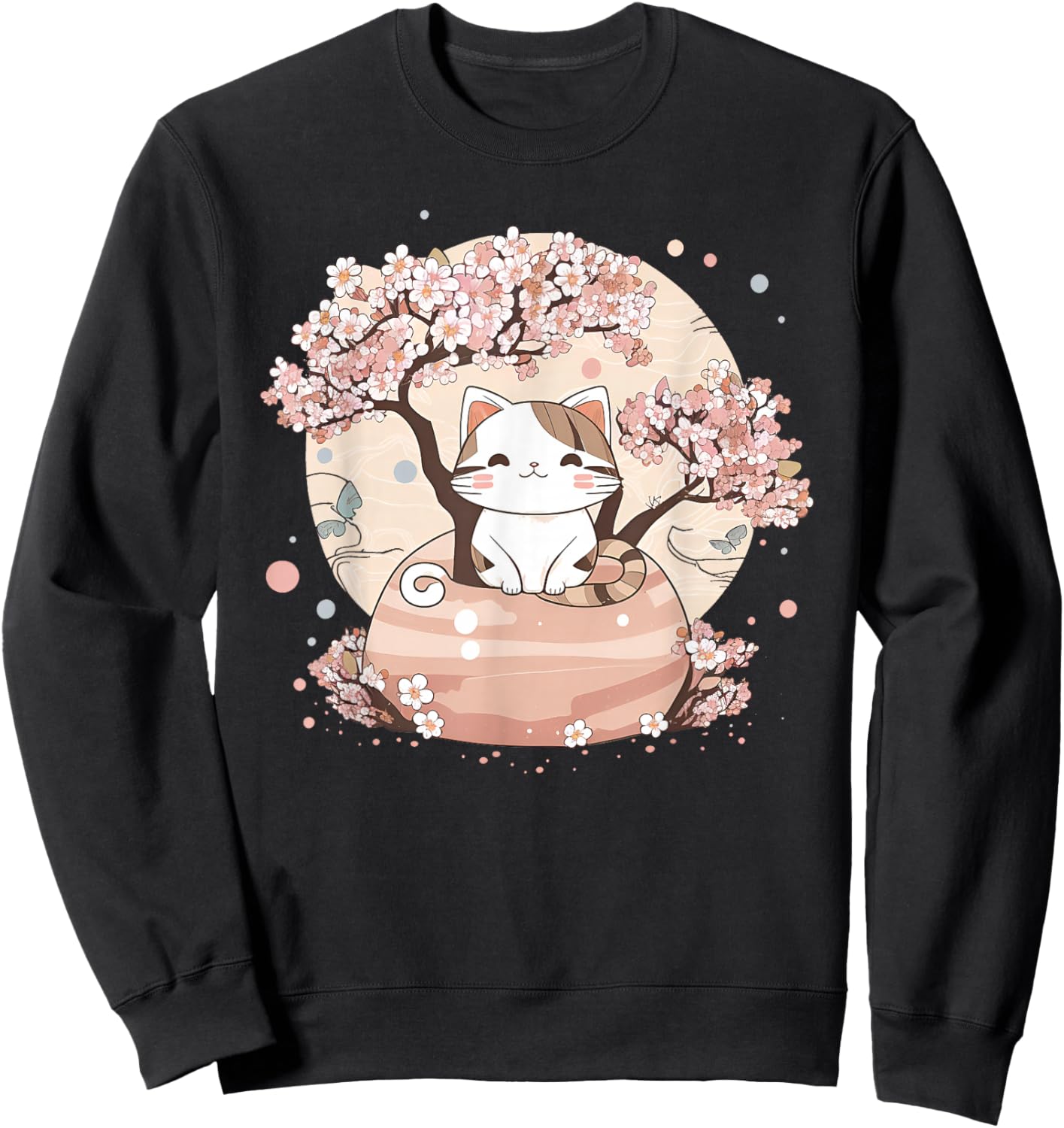 Cherry Blossom Tree Cat Japanese Aesthetic Vaporwave Anime Sweatshirt - Sweatshirt | Black