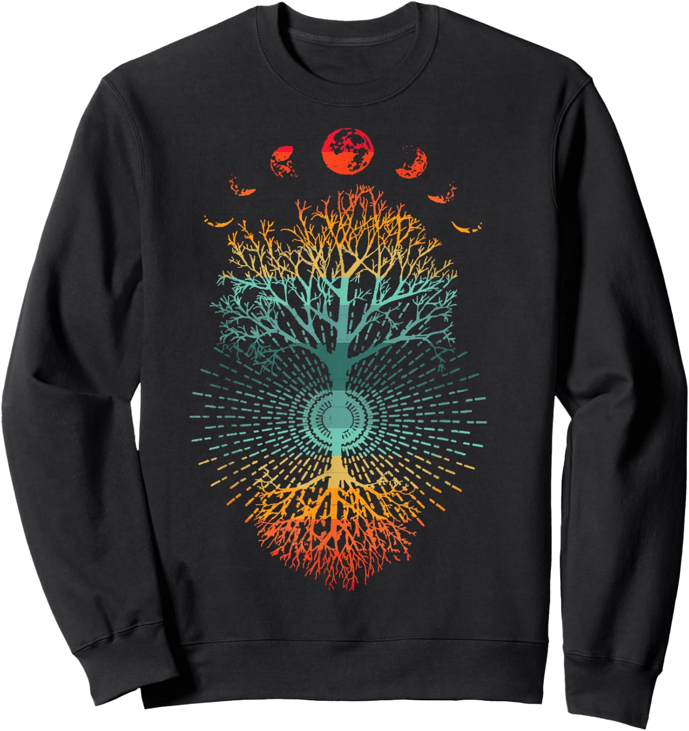 Phases of the Moon Retro 60's 70's Vibe Tree of Life Graphic Sweatshirt - Sweatshirt | Black