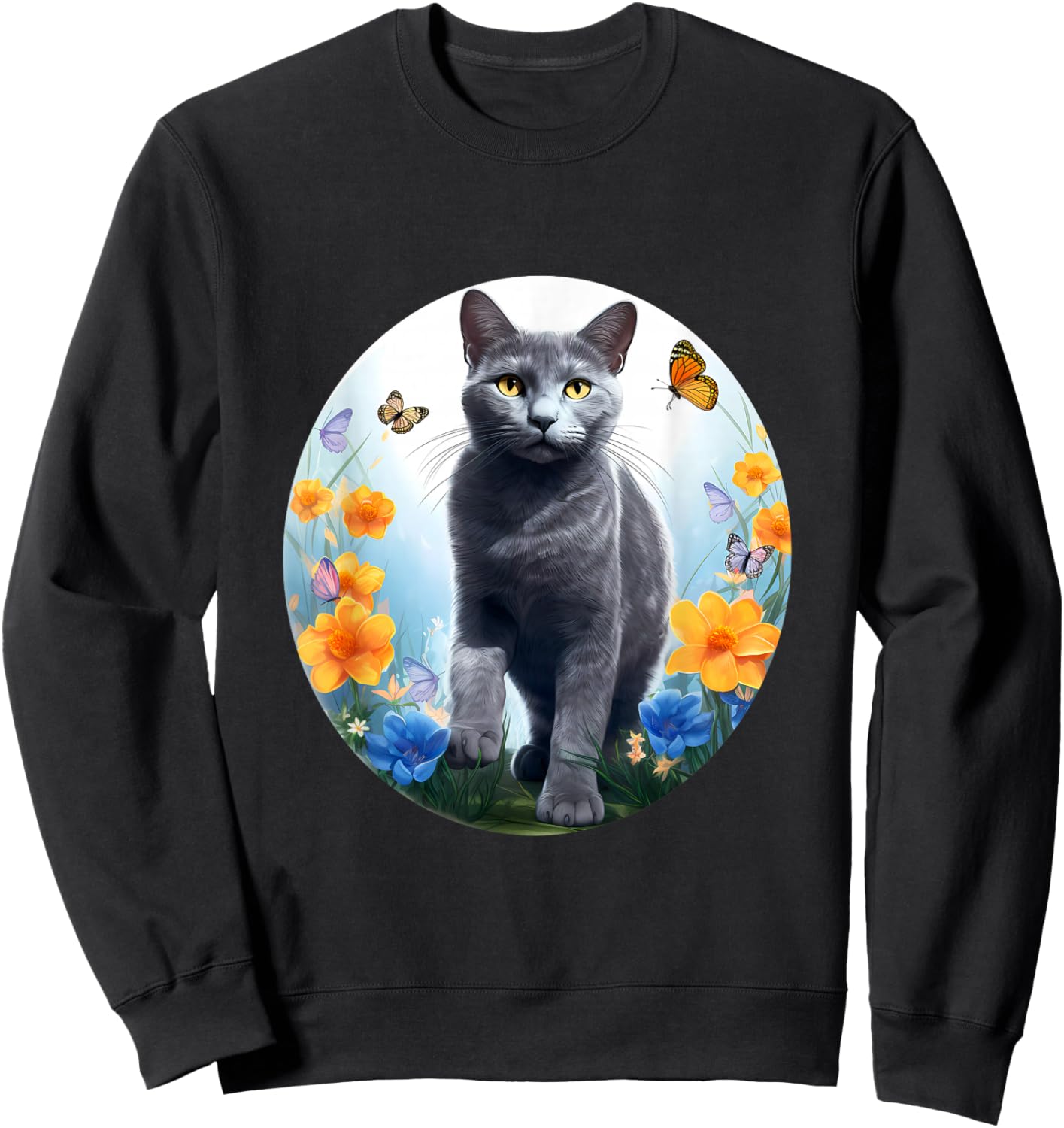 Russian Blue Cat Cat Flower Sweatshirt - Sweatshirt | Black