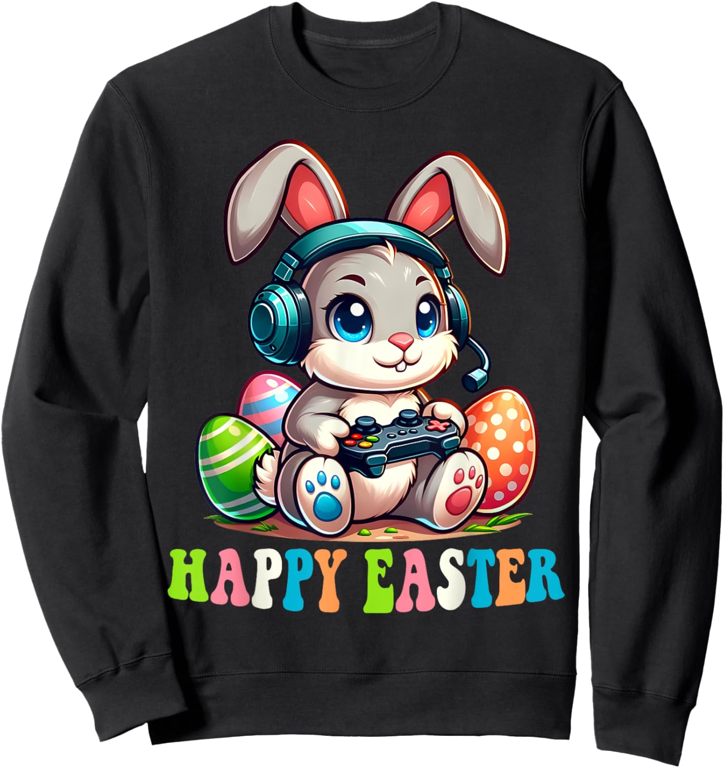 Happy Easter Day Bunny Egg Funny Boys Girls Kids Gamer Sweatshirt - Sweatshirt | Black