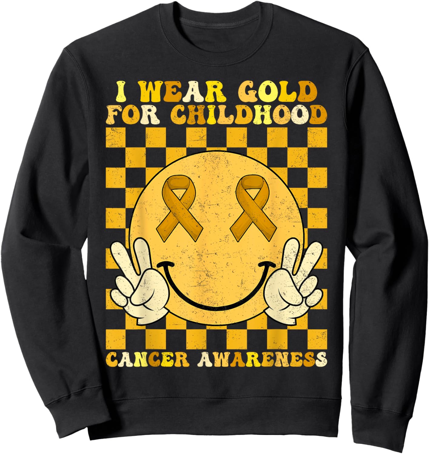 Groovy I Wear Gold For Childhood Cancer Awareness Smile Face Sweatshirt - Sweatshirt | Black
