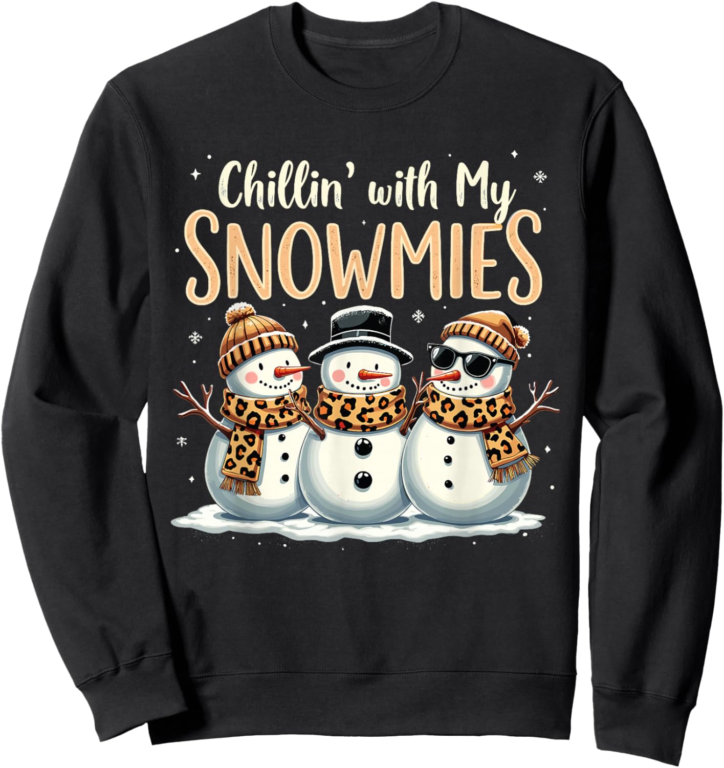 Frosty Fun Holiday Vibes Leopard Chillin With My Snowmies Snowman Festive Leopard Sweatshirt - Sweatshirt | Black