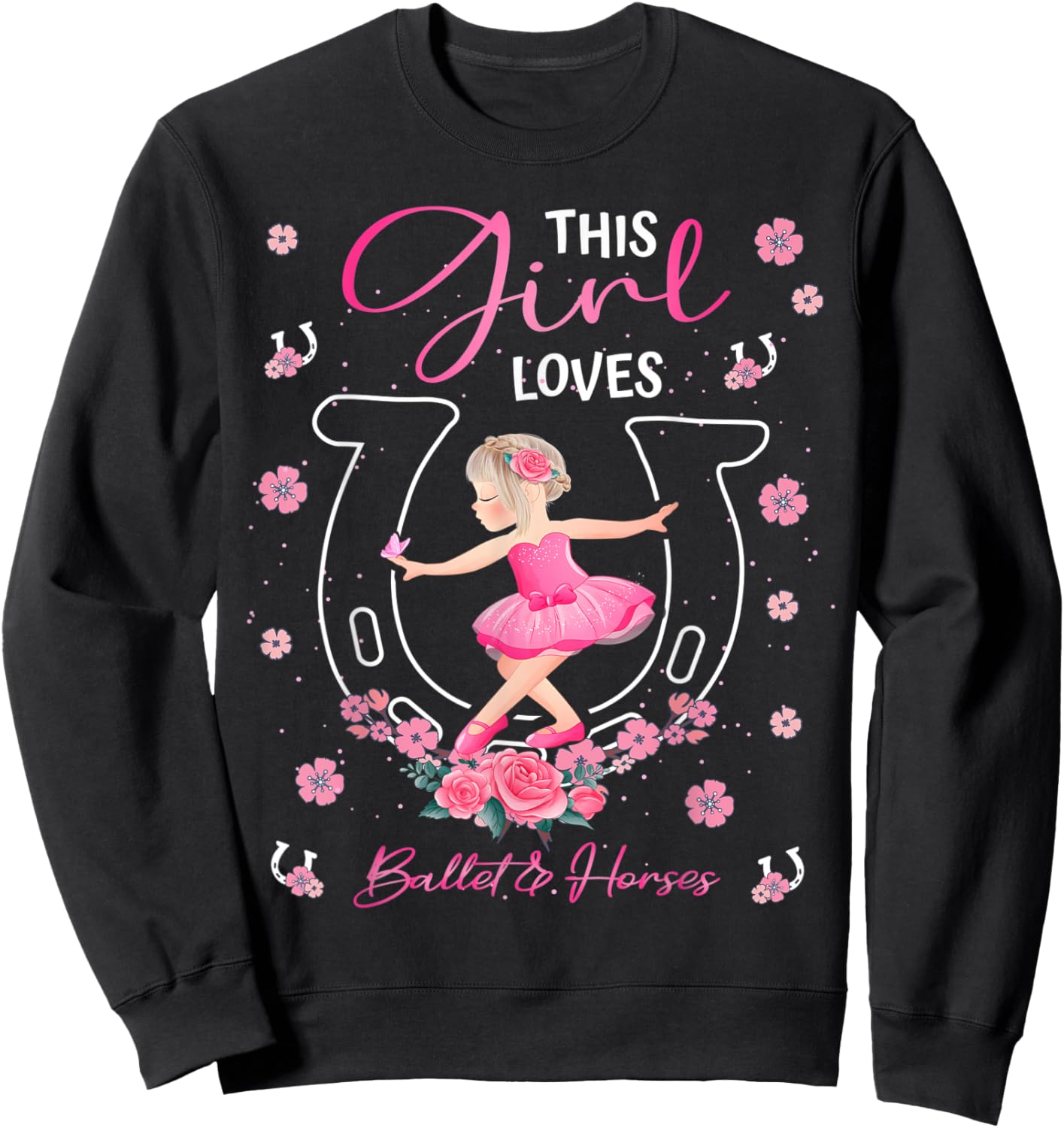 This Girl Loves Ballet And Horses Ballerina Horseshoe Sweatshirt - Sweatshirt | Black