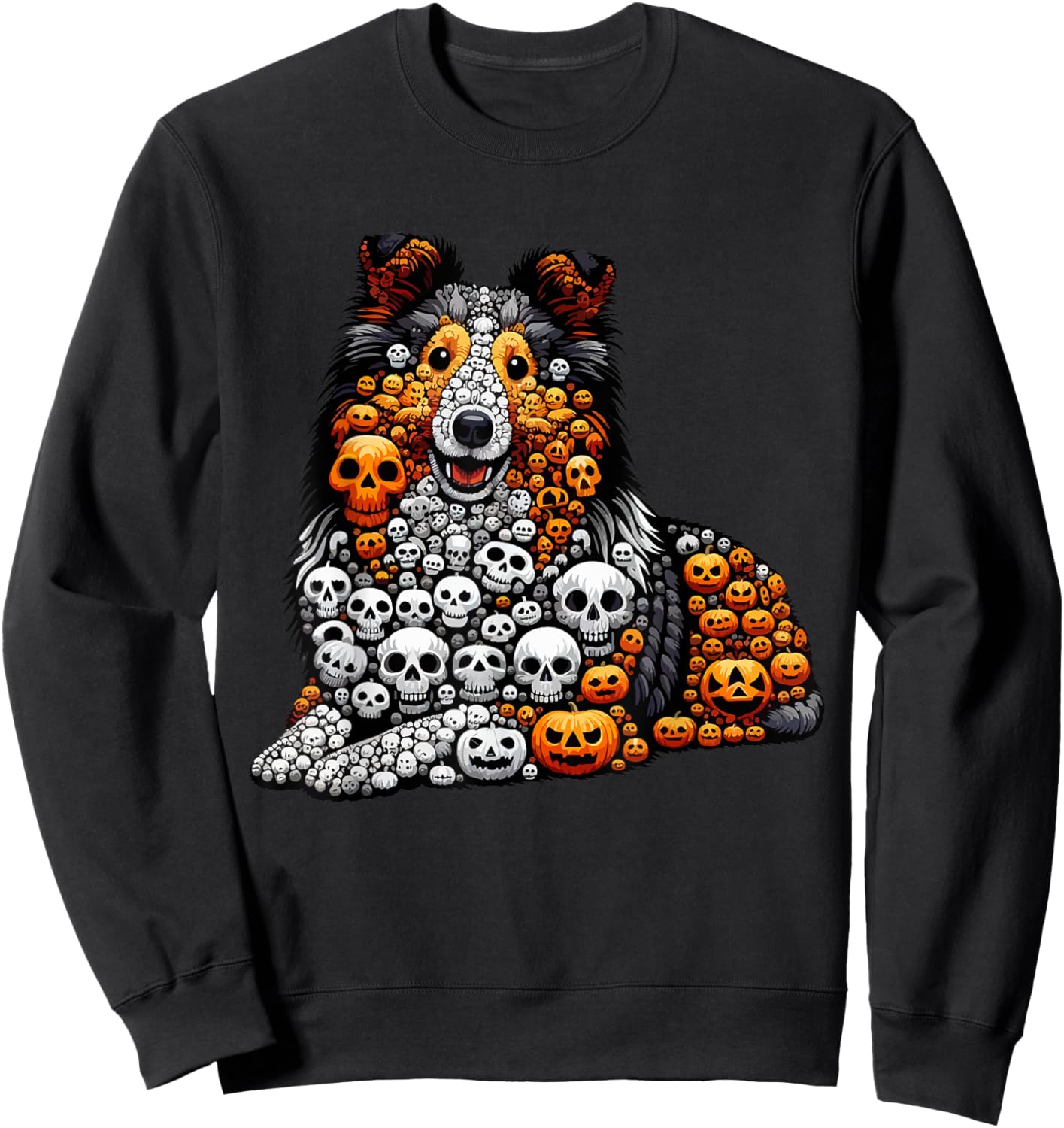 Skulls Carved Pumpkins Halloween Sheltie Cute Shape Sweatshirt - Sweatshirt | Black