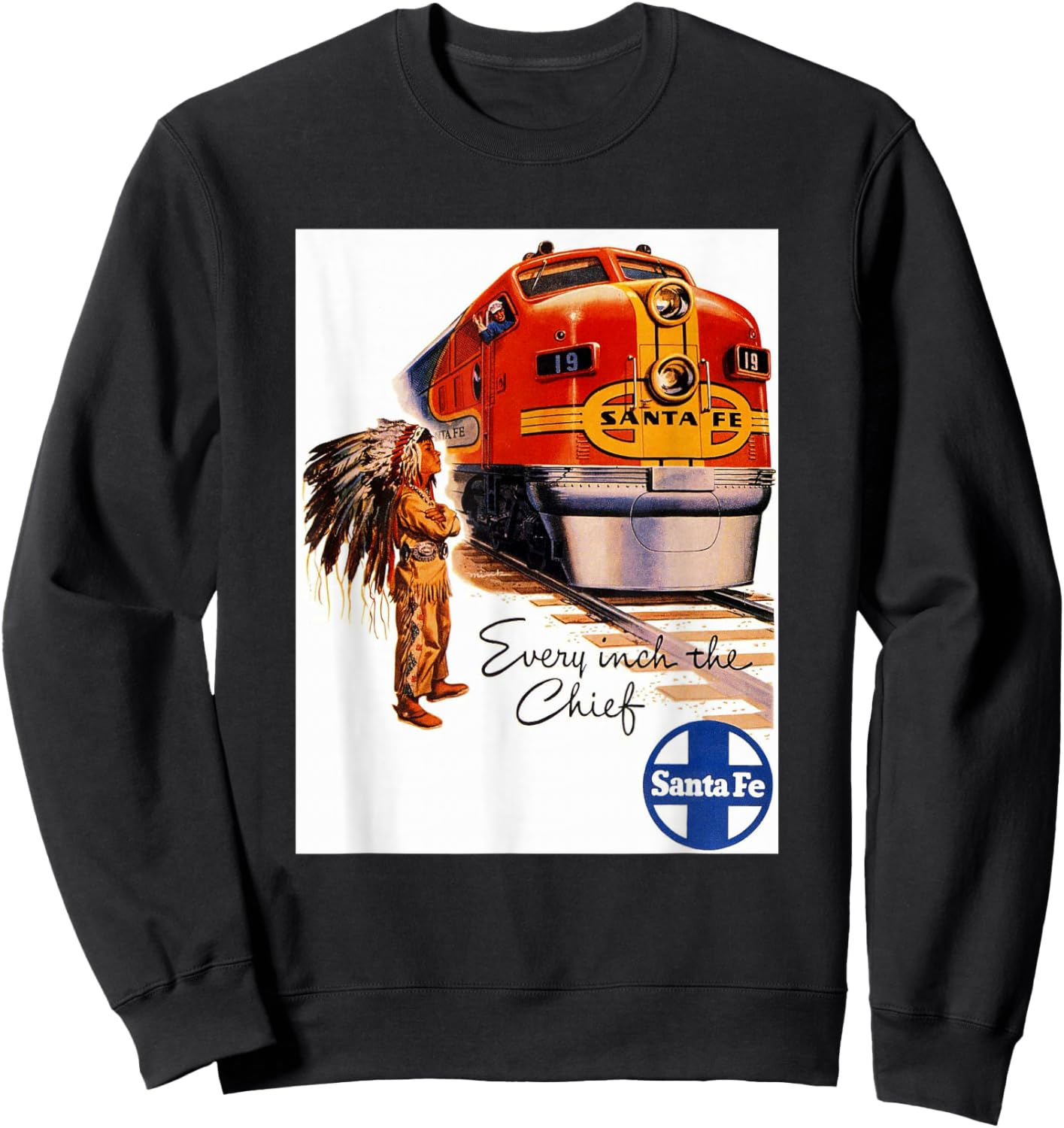 Retro Vintage Movie Posters Prints Ads Santa Fe Railway Native American Train Rails Travel - Men's X-Small Black Short Sleeve Classic Fit Pull On Sweatshirt - Sweatshirt | Black