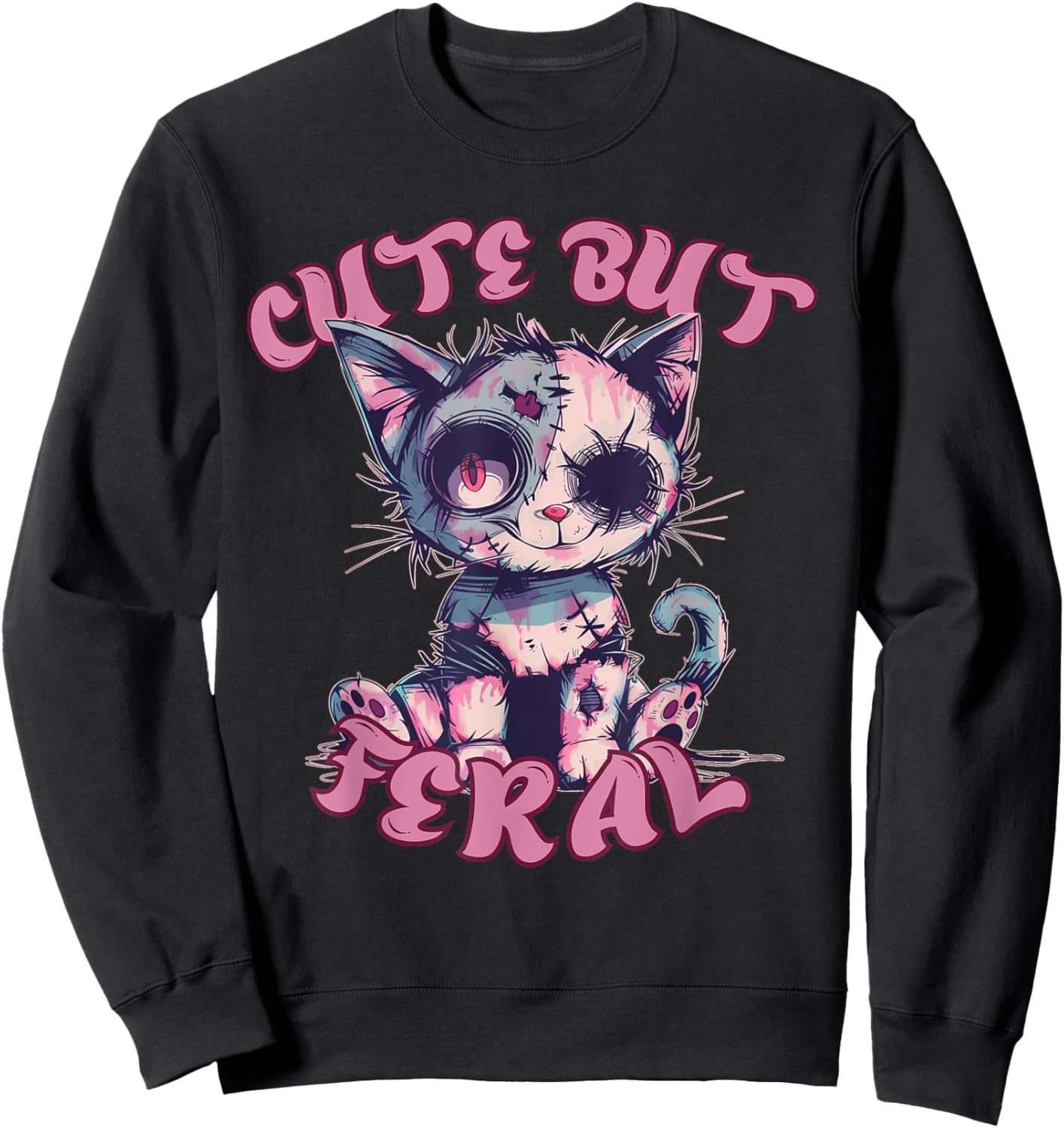 Cute But Feral Zombie Voodoo Cat Halloween Spooky Women Kids Sweatshirt - Sweatshirt | Black