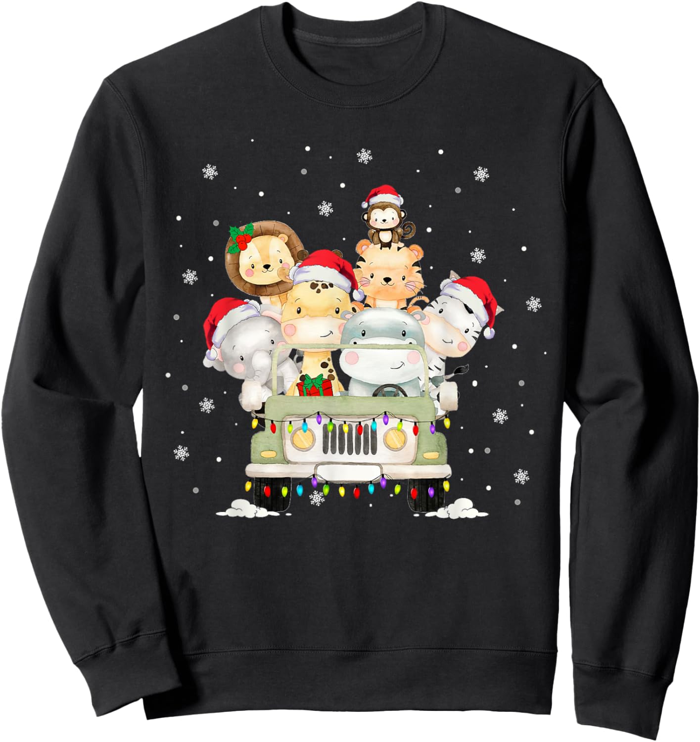Jungle Safari Animals Merry Christmas Santa Hat Xmas Lights Sweatshirt - Sweatshirt | Black