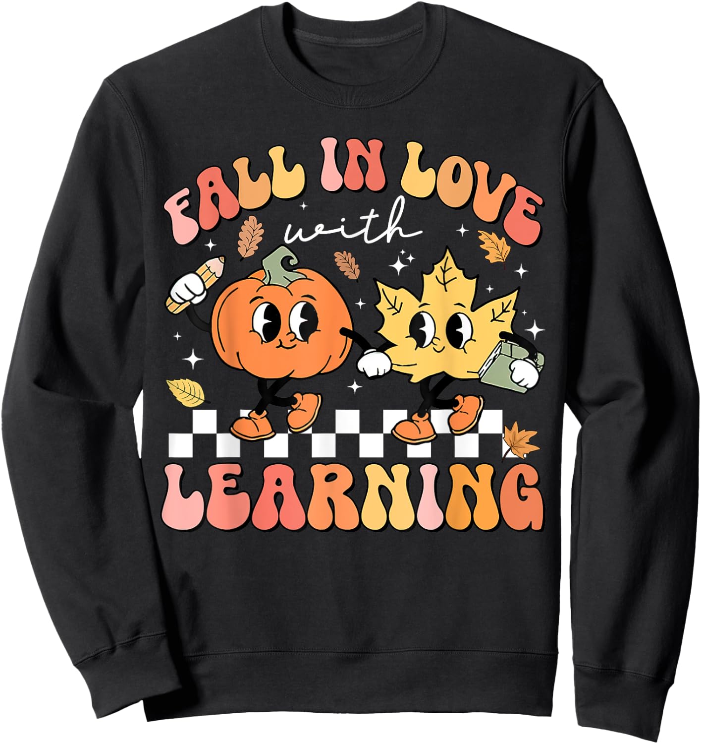Retro Fall In Love With Learning Autumn Pumpkin Teacher Sweatshirt - Sweatshirt | Black