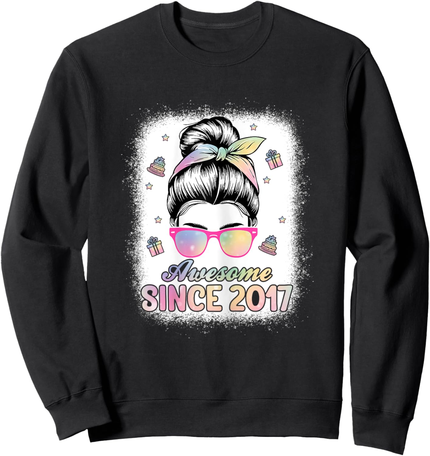 Awesome Since 2017 Messy Bun Hair 8th Birthday Party Girls Sweatshirt - Sweatshirt | Black