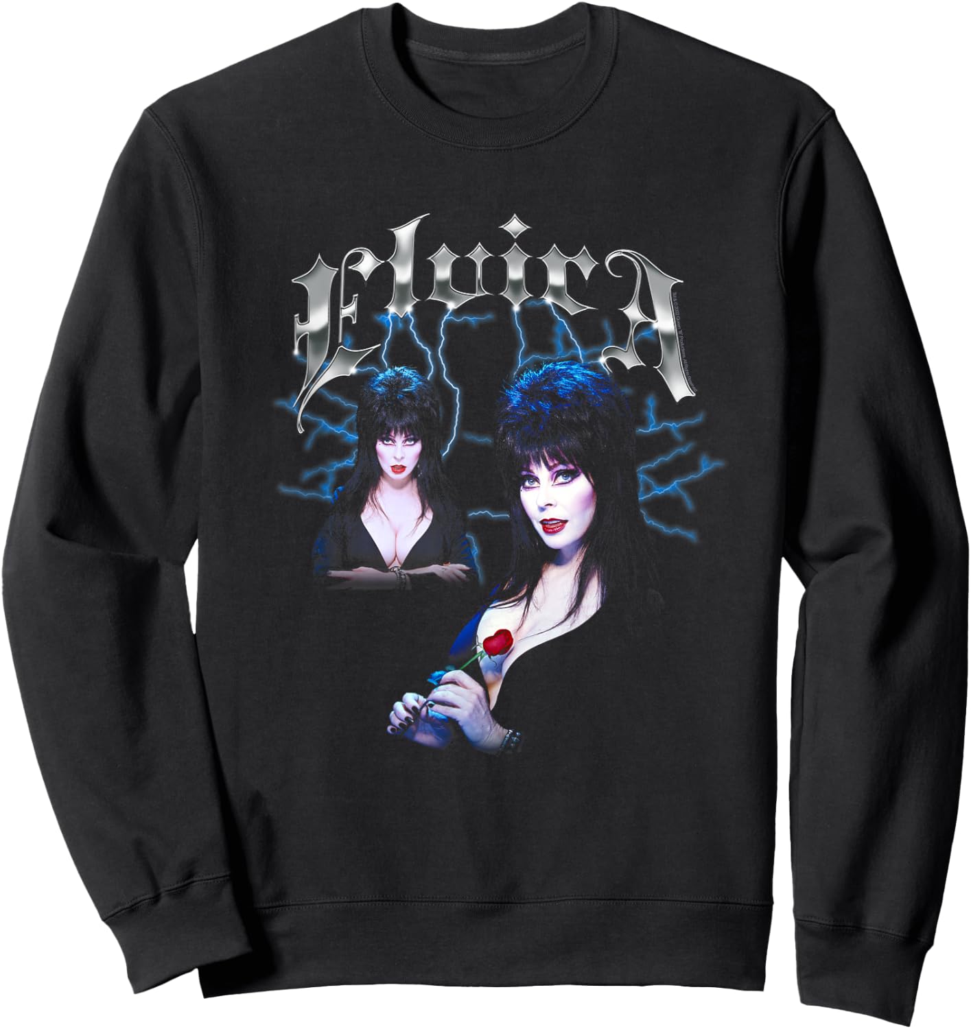 Elvira, Mistress of The Dark Chrome Name and Poses Pin-Up Sweatshirt - Sweatshirt | Black