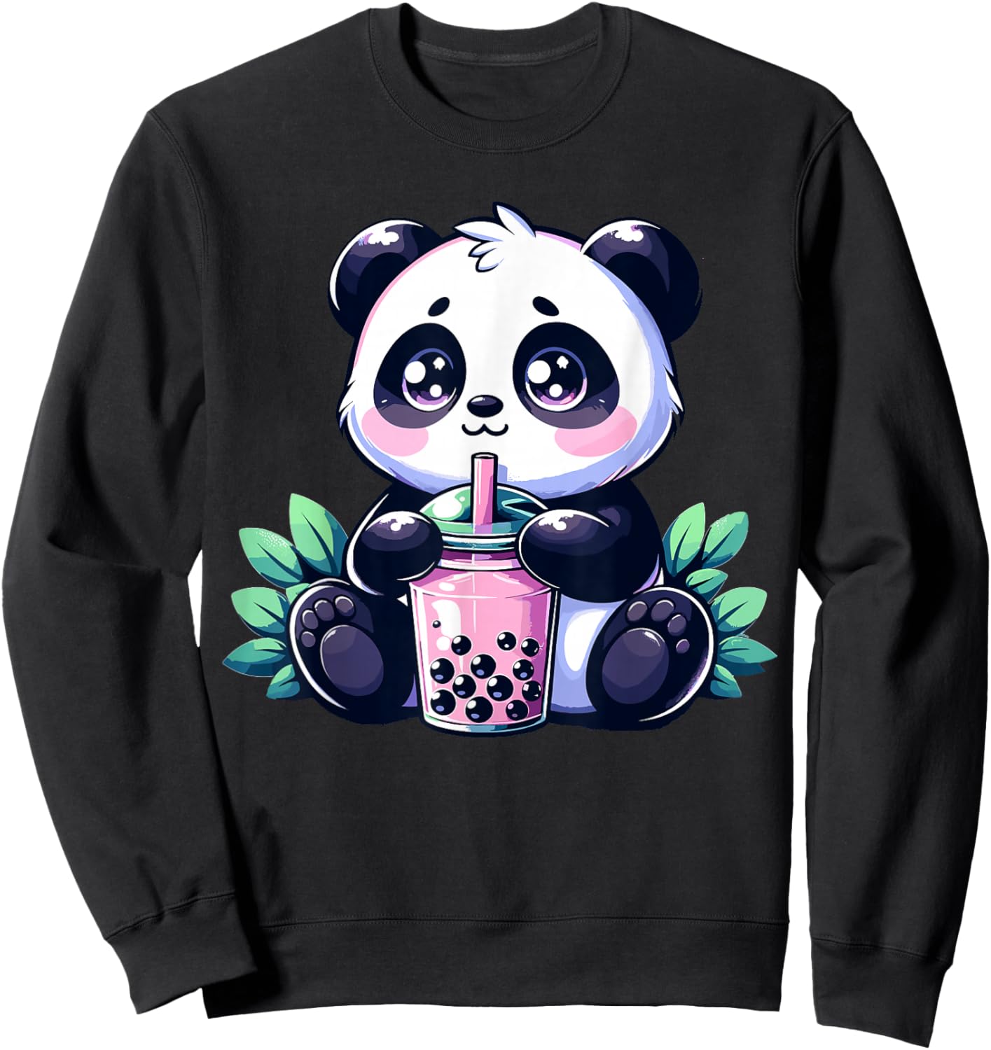 Kawaii Cute Anime Panda Drinking Bubble Tea Boba Tea Panda Sweatshirt - Sweatshirt | Black