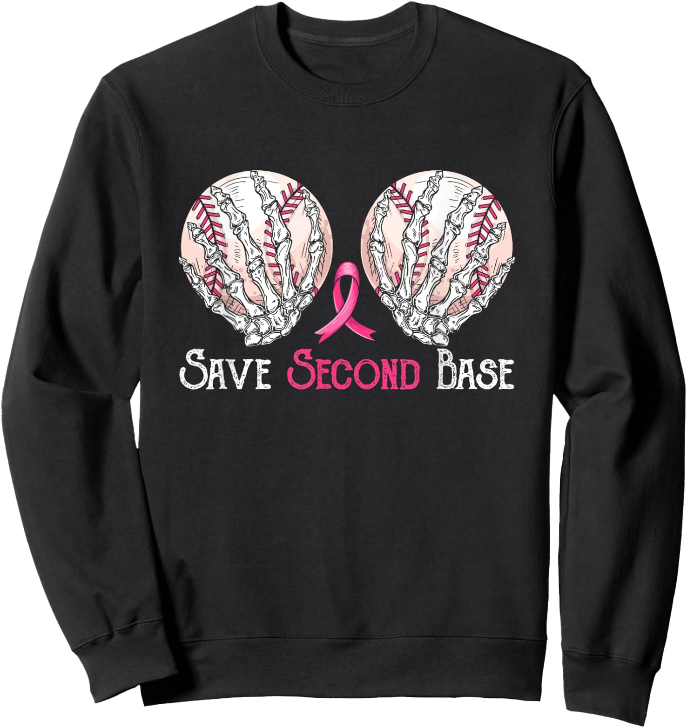 Save 2nd Second-Base Baseball Player Breast Cancer Awareness Sweatshirt - Sweatshirt | Black