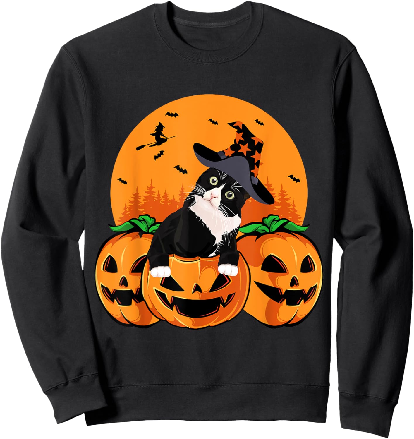 Tuxedo Cat Witch Hat Halloween Scary Jack O Lantern Pumpkins Sweatshirt - Sweatshirt | Black