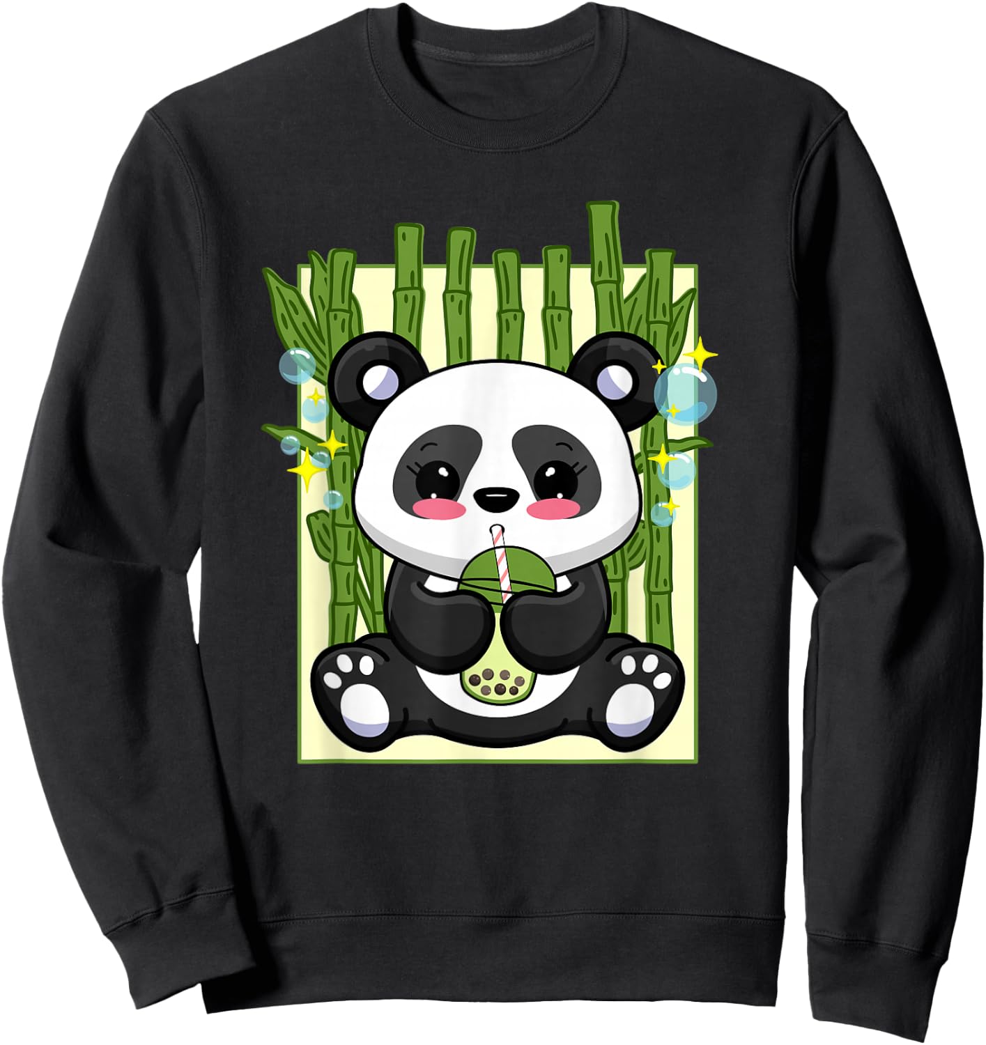 Cute Kawaii Bubble Tea Boba Panda Japanese Anime Women Girls Sweatshirt - Sweatshirt | Black