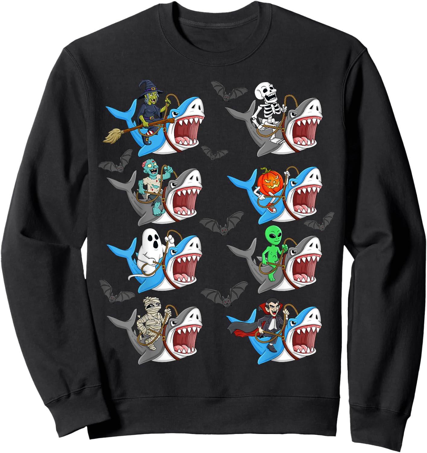 Halloween Skeleton Zombie Riding Shark Mummy Vampire Boys Sweatshirt - Sweatshirt | Black