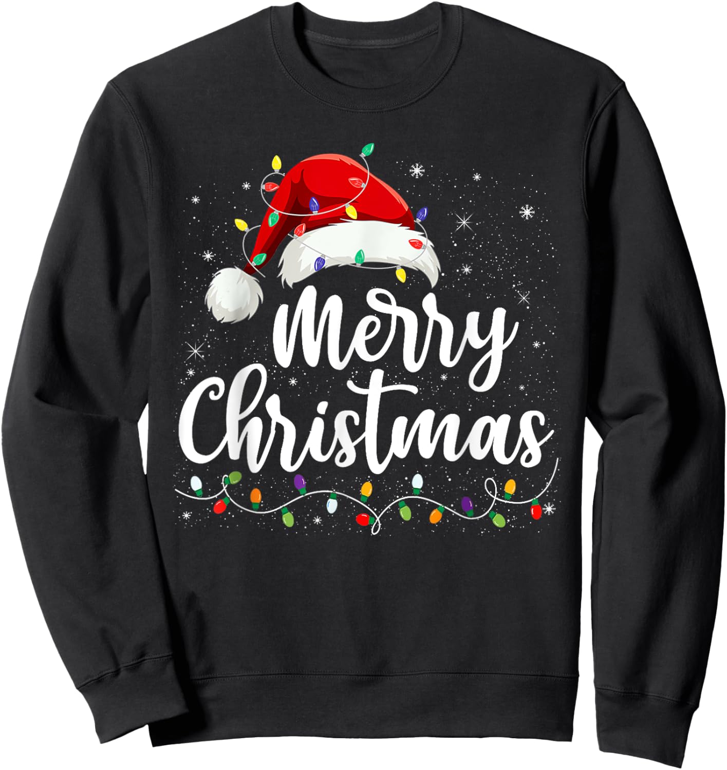 Merry Christmas Lights Red Santa Hat Xmas Family Men Women Sweatshirt - Sweatshirt | Black