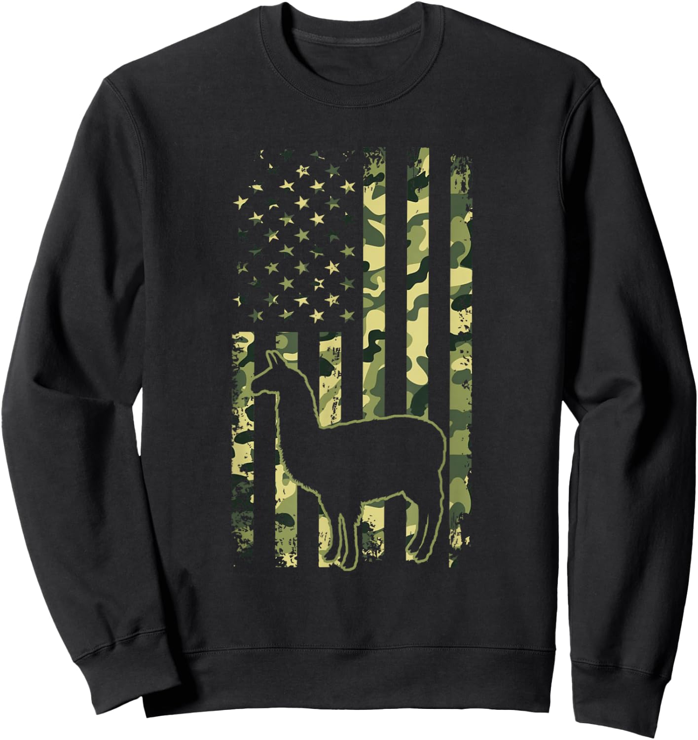 Camo American Flag Llama Camouflage 4th of July Animal Lover Sweatshirt - Sweatshirt | Black