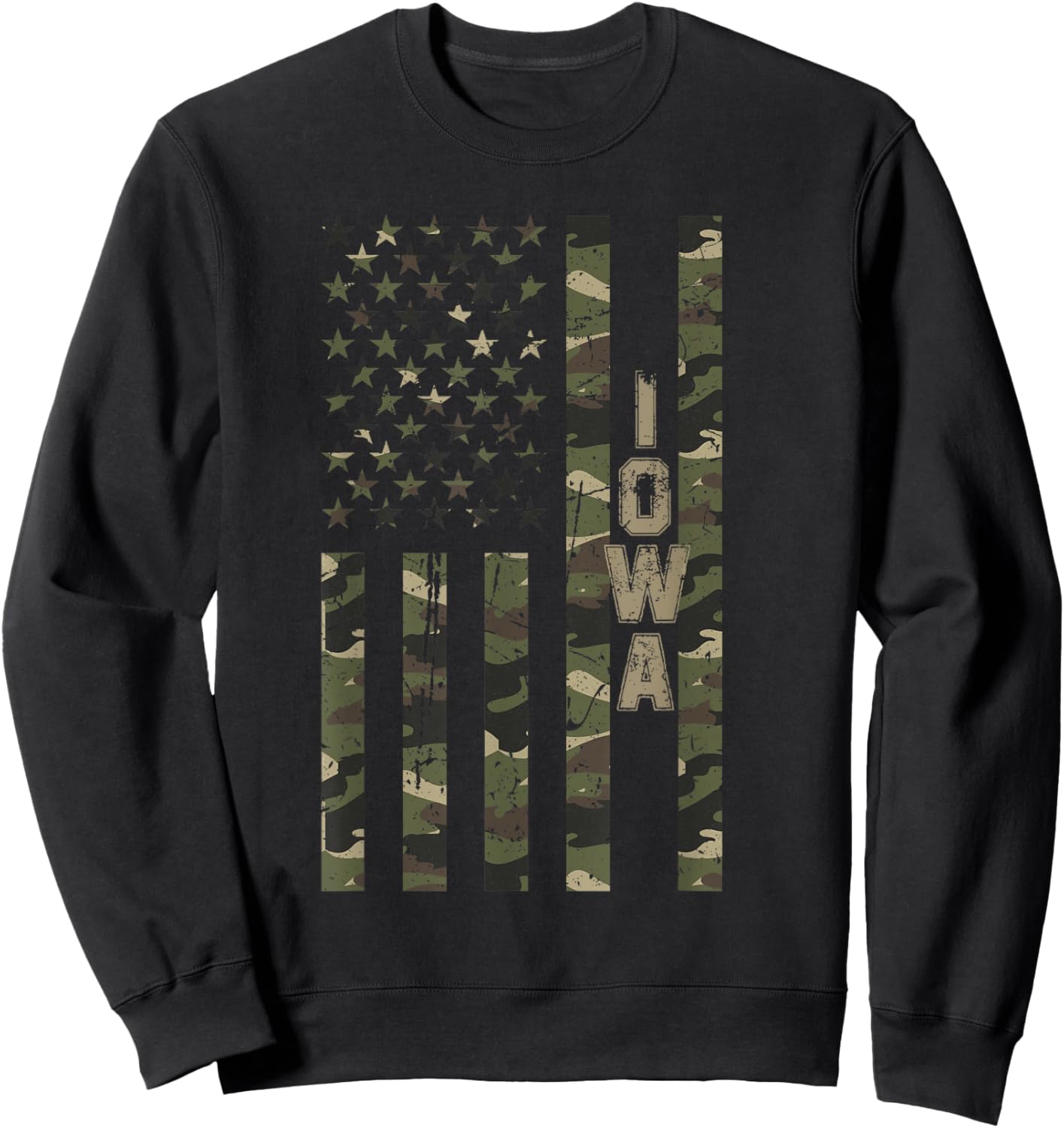 Iowa United States Distressed Camo w US Flag Sweatshirt - Sweatshirt | Black
