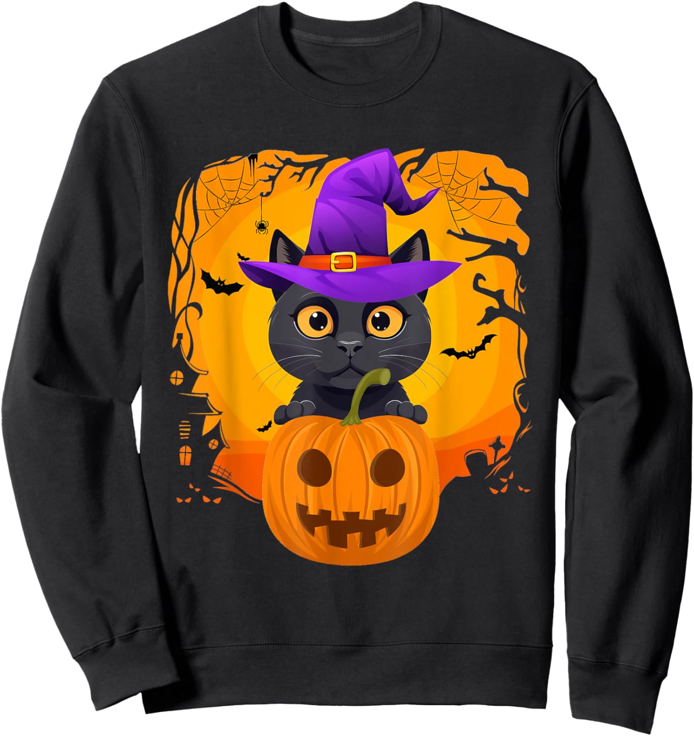 Cute Black Cat Halloween Pumpkin Costume witch Hat Kids Sweatshirt - Sweatshirt | Black