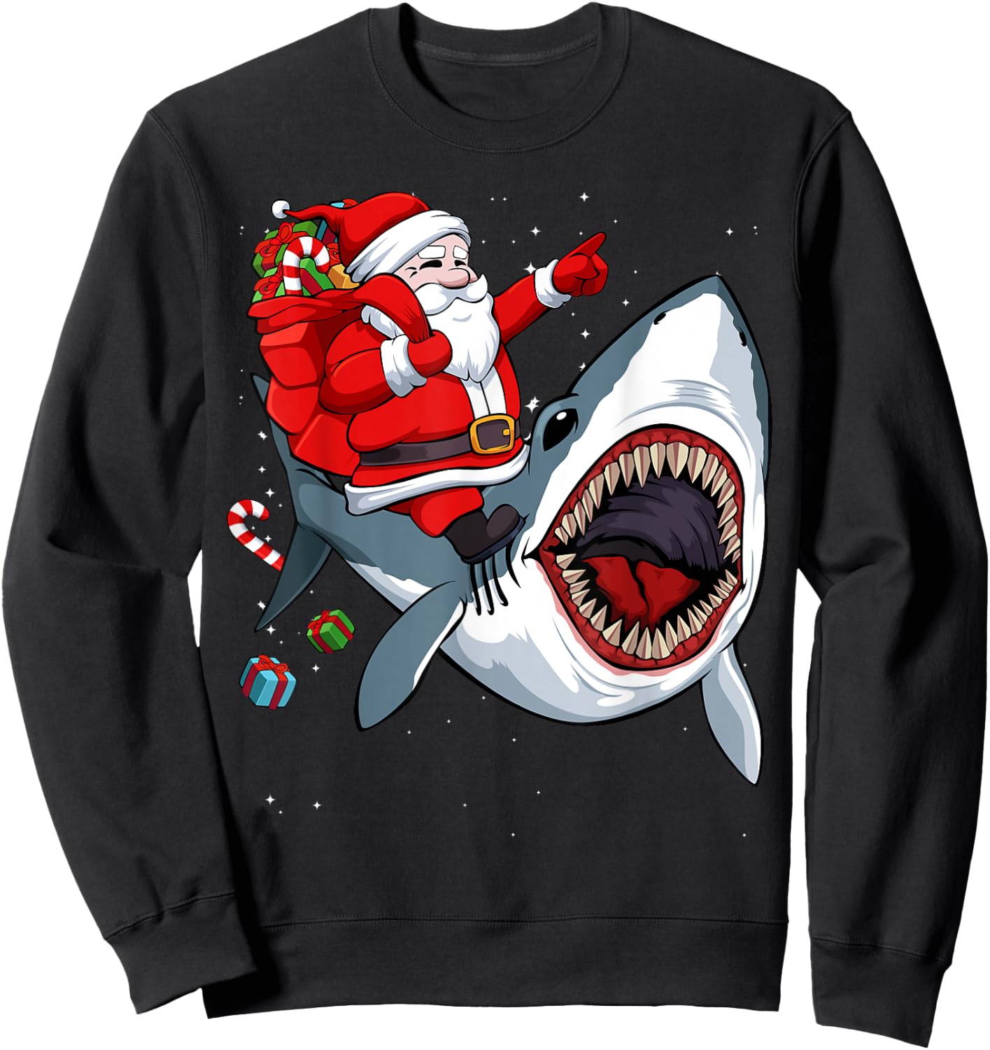 Santa Riding Shark Christmas Pajama Cute Ocean Animal X-Mas Sweatshirt - Sweatshirt | Black