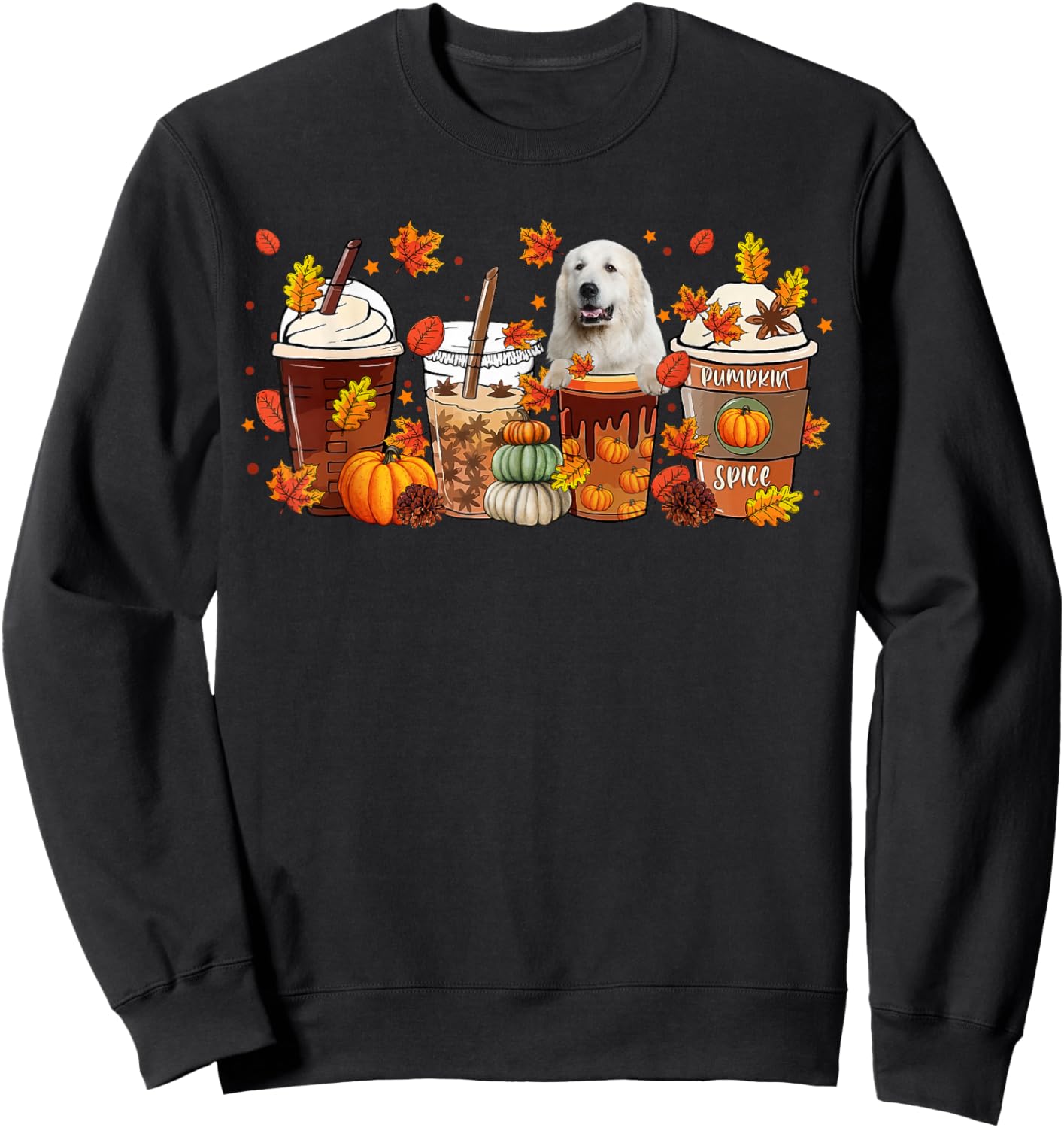 Cups Of Iced Latte & Great Pyrenees Fall Leaves Thanksgiving Sweatshirt - Sweatshirt | Black