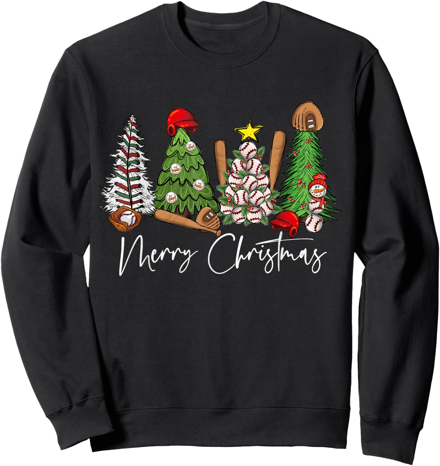 Merry Christmas Trees Baseball Xmas Sweatshirt - Sweatshirt | Black