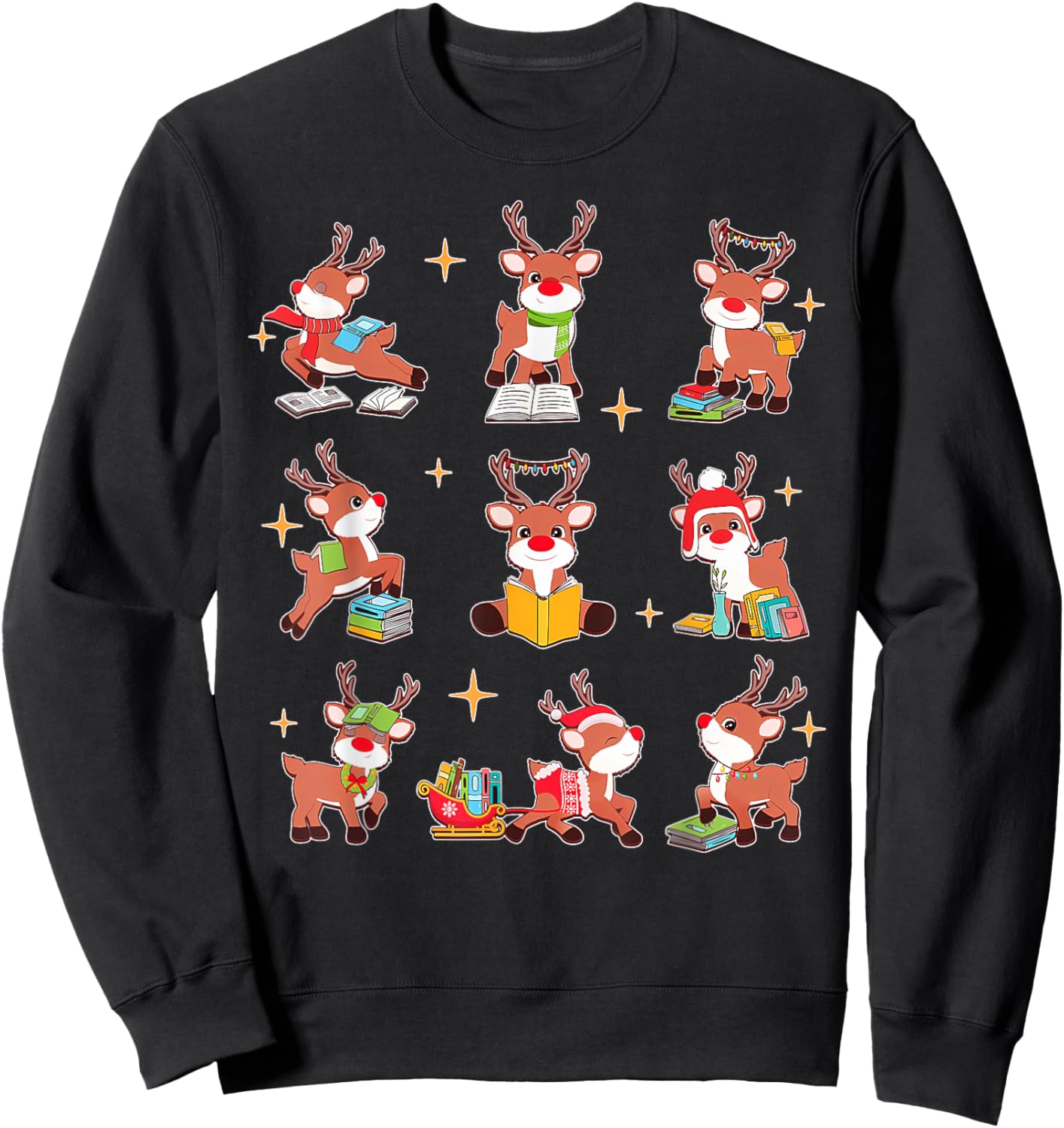 Funny Cute Reindeer Reading Teacher Christmas Book Lover Sweatshirt - Sweatshirt | Black