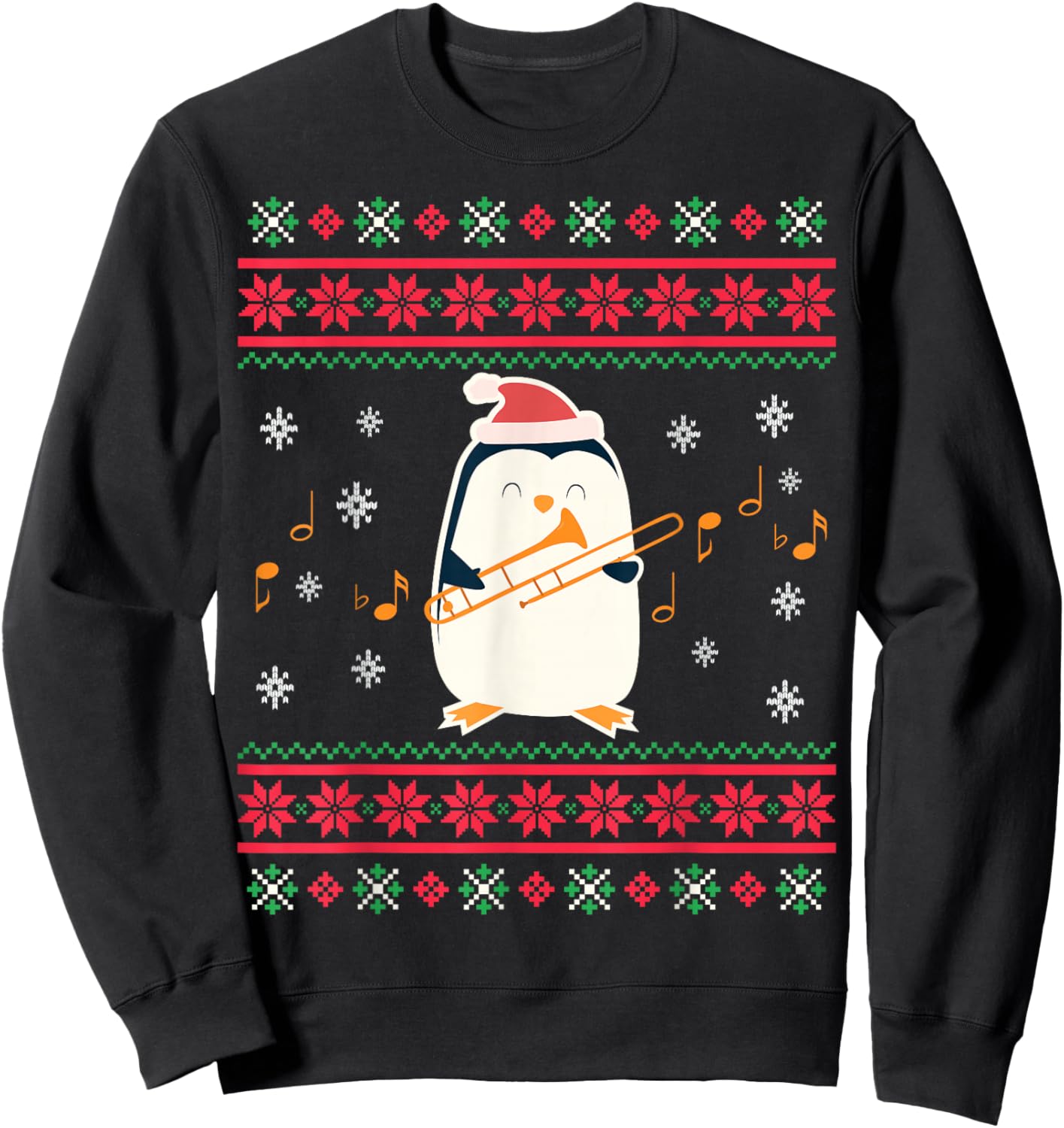 Santa Hat Penguin Playing Trombone Ugly Christmas Trombonist Sweatshirt - Sweatshirt | Black