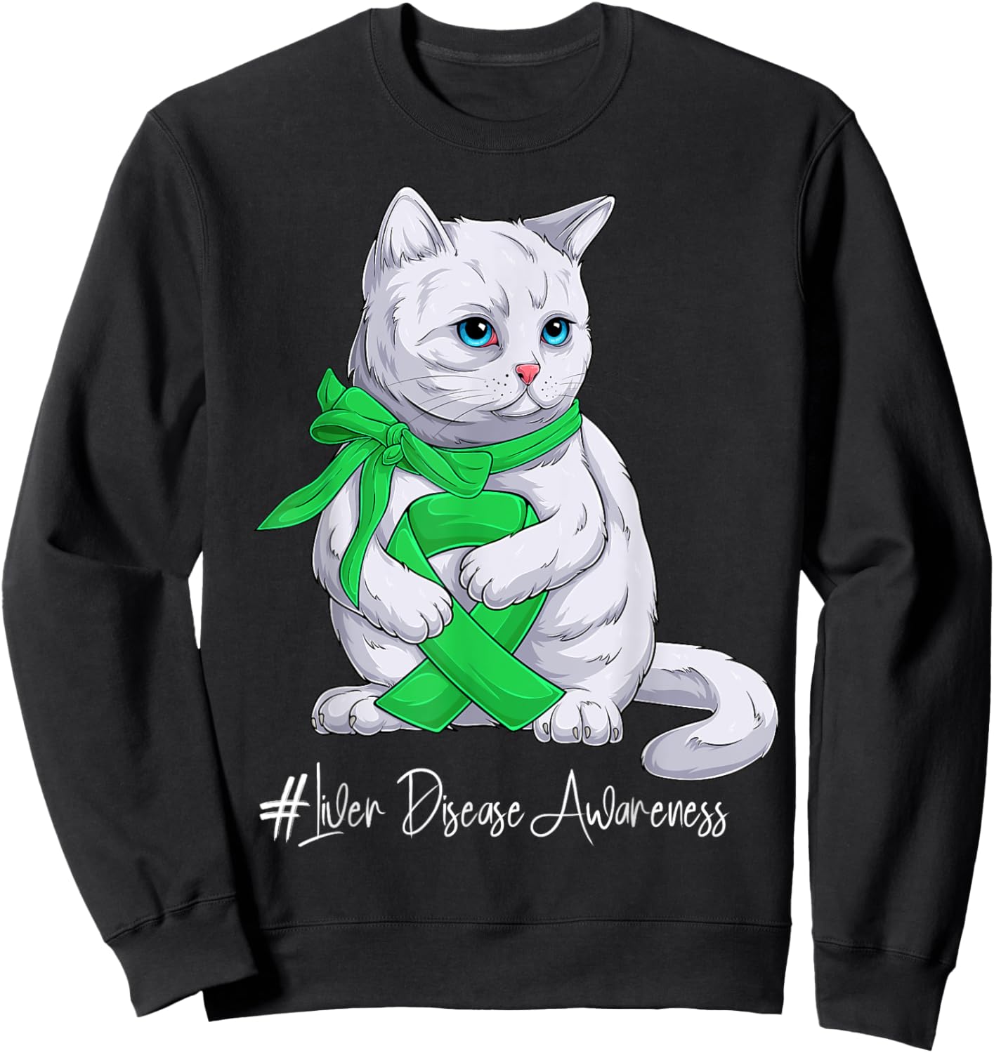 Liver Disease Awareness Month Green Ribbon Cat Women Kids Sweatshirt - Sweatshirt | Black