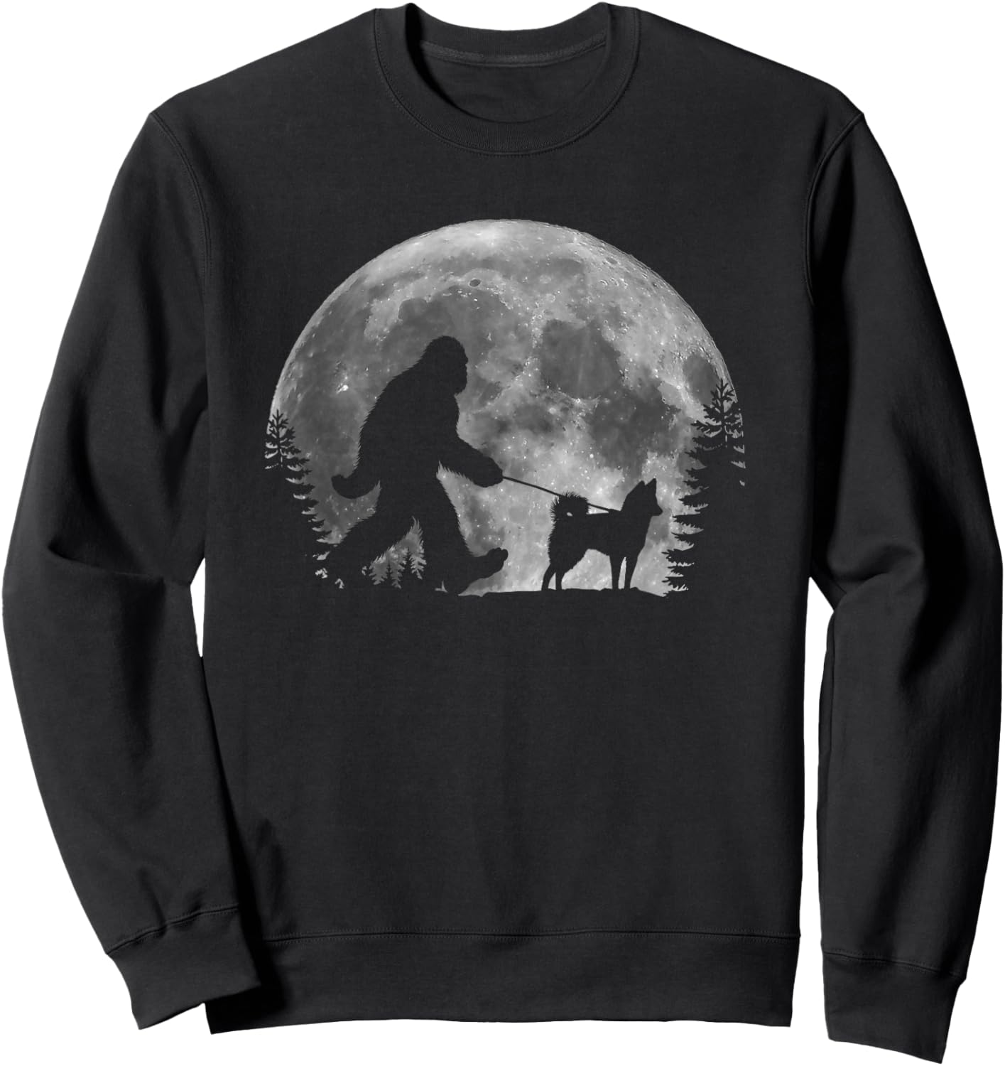 Bigfoot Walking a Dog Funny Alaskan Klee Kai Moon Halloween Sweatshirt - Sweatshirt | Black