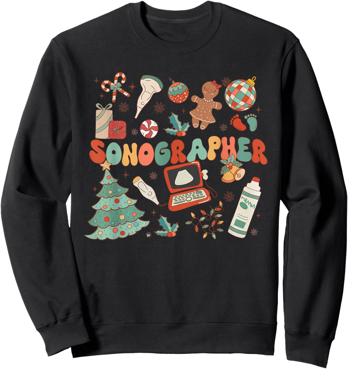 Groovy Retro Sonographer Christmas Ultrasound Tech Cardiac Sweatshirt - Sweatshirt | Black