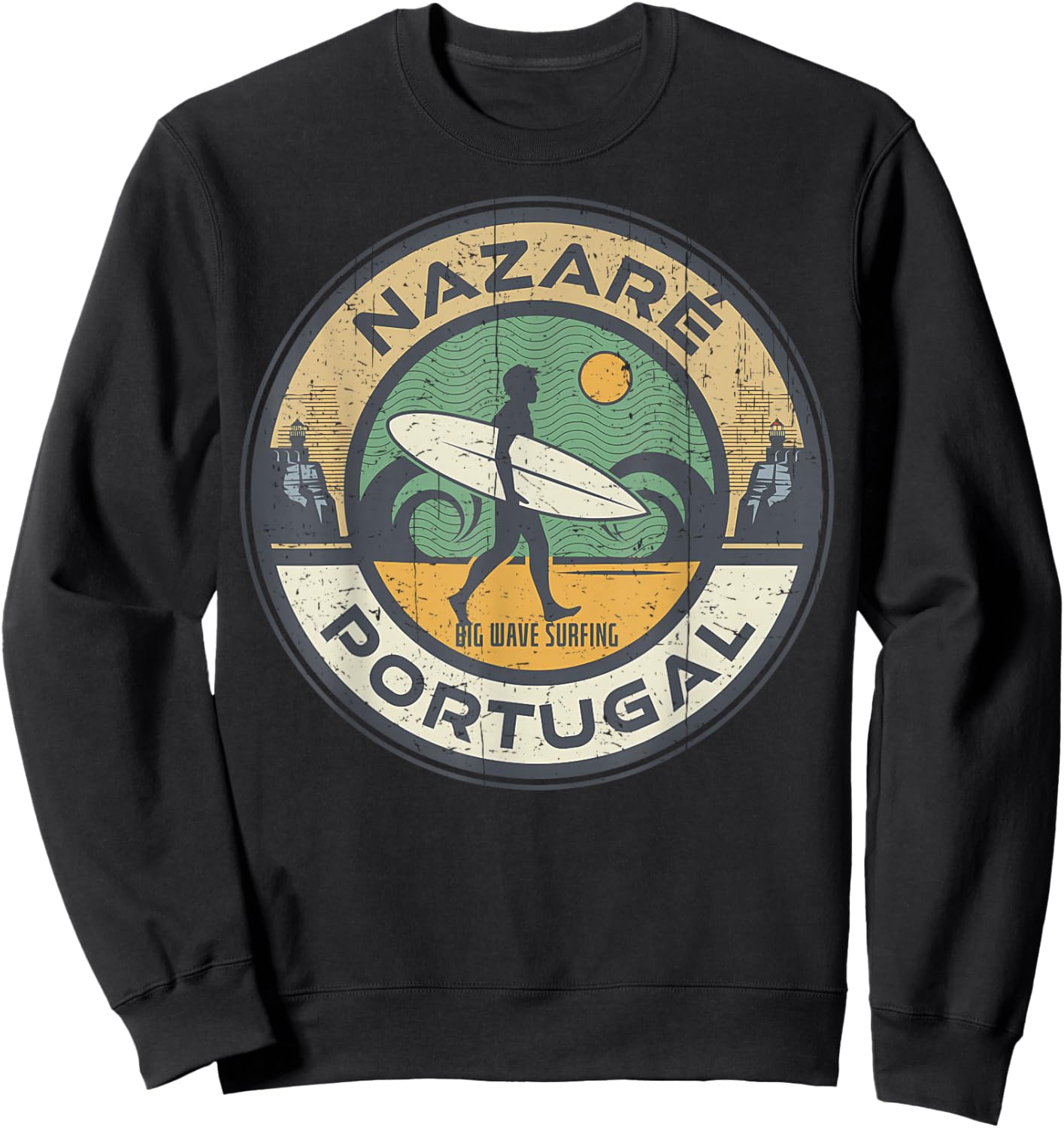 Vintage Nazare Portugal Beach Vintage Retro Surfing Sweatshirt - Sweatshirt | Black