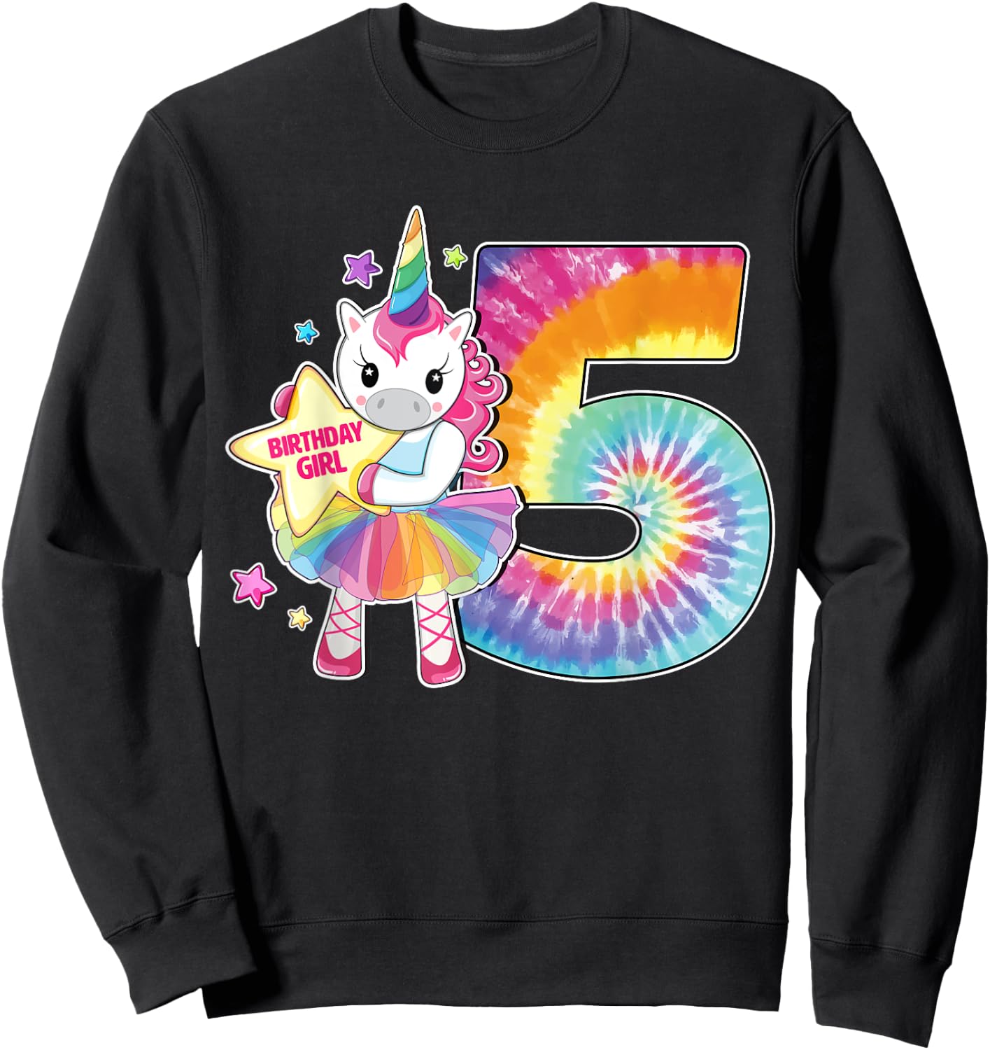5th Birthday Unicorn Shirt Gift Girls Age 5 Tie Dye Sweatshirt - Sweatshirt | Black