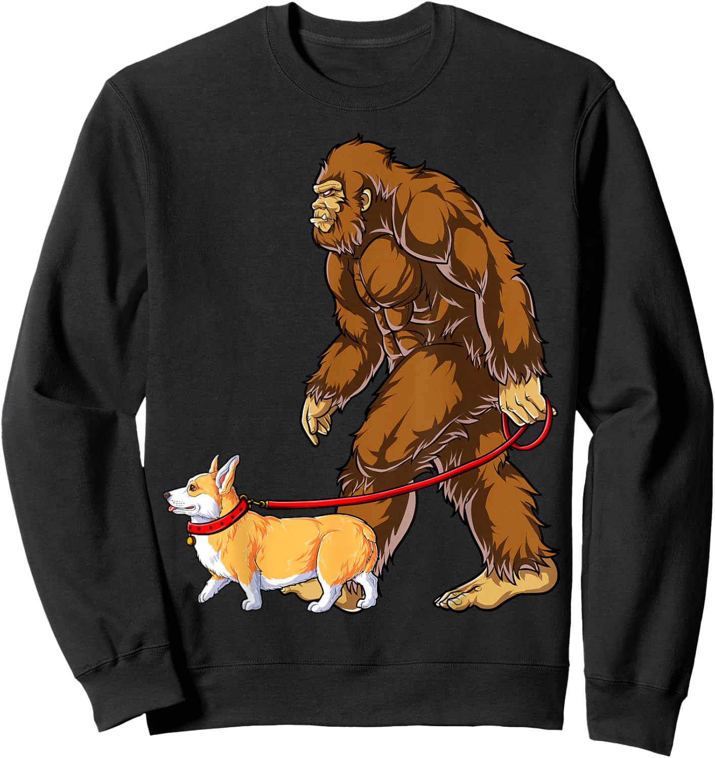 Bigfoot Dog Walk Corgi Funny Sasquatch Lovers Men Women Sweatshirt - Sweatshirt | Black