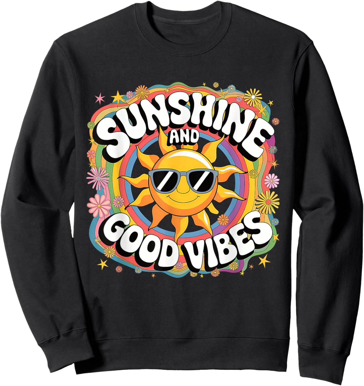 Retro Sunshine Summer 70s Aesthetic Sunflower Rainbow Boho Sweatshirt - Sweatshirt | Black