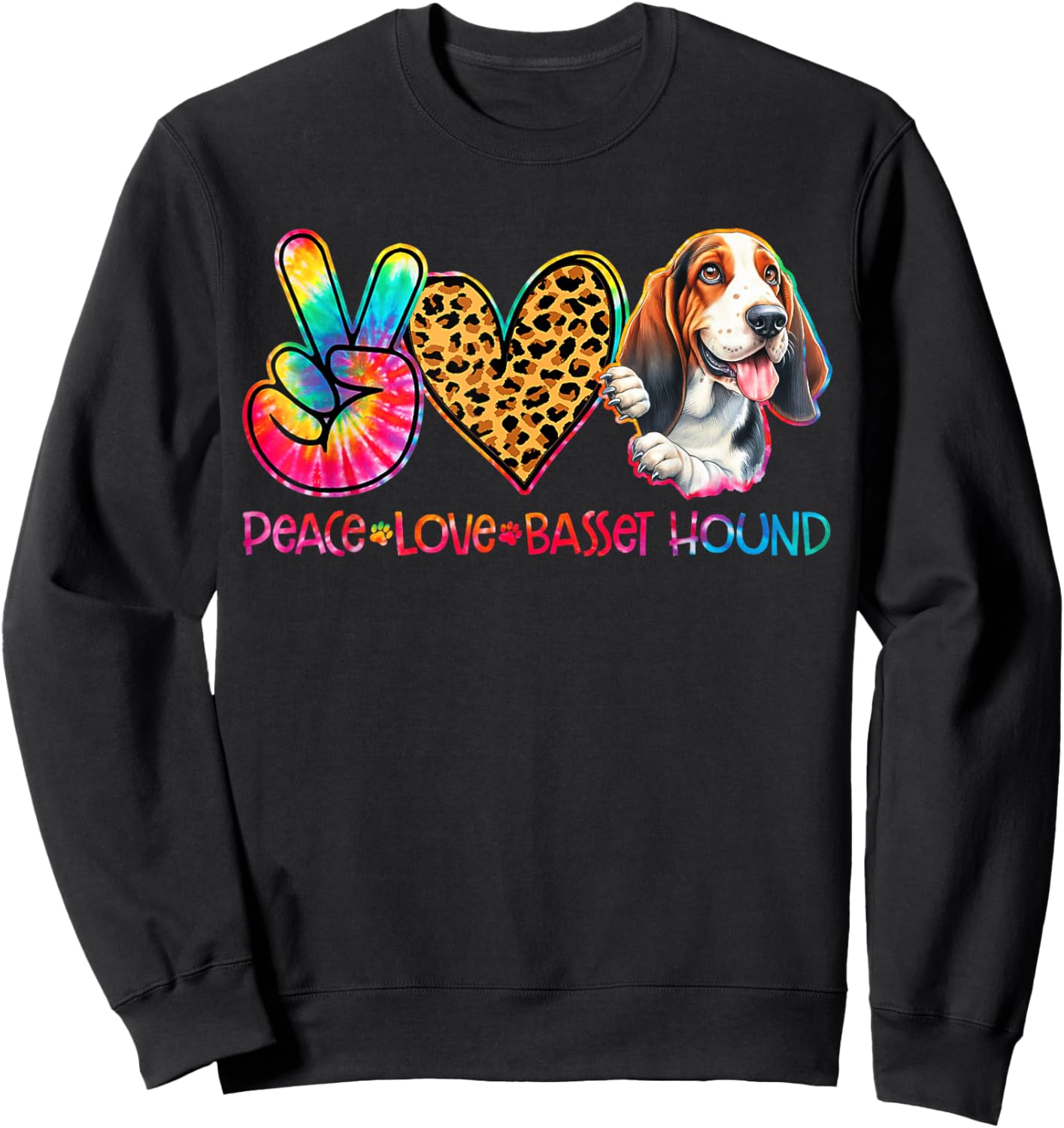 Peace Love Basset Hound Tie Dye Dog Lover Women Kids Sweatshirt - Sweatshirt | Black