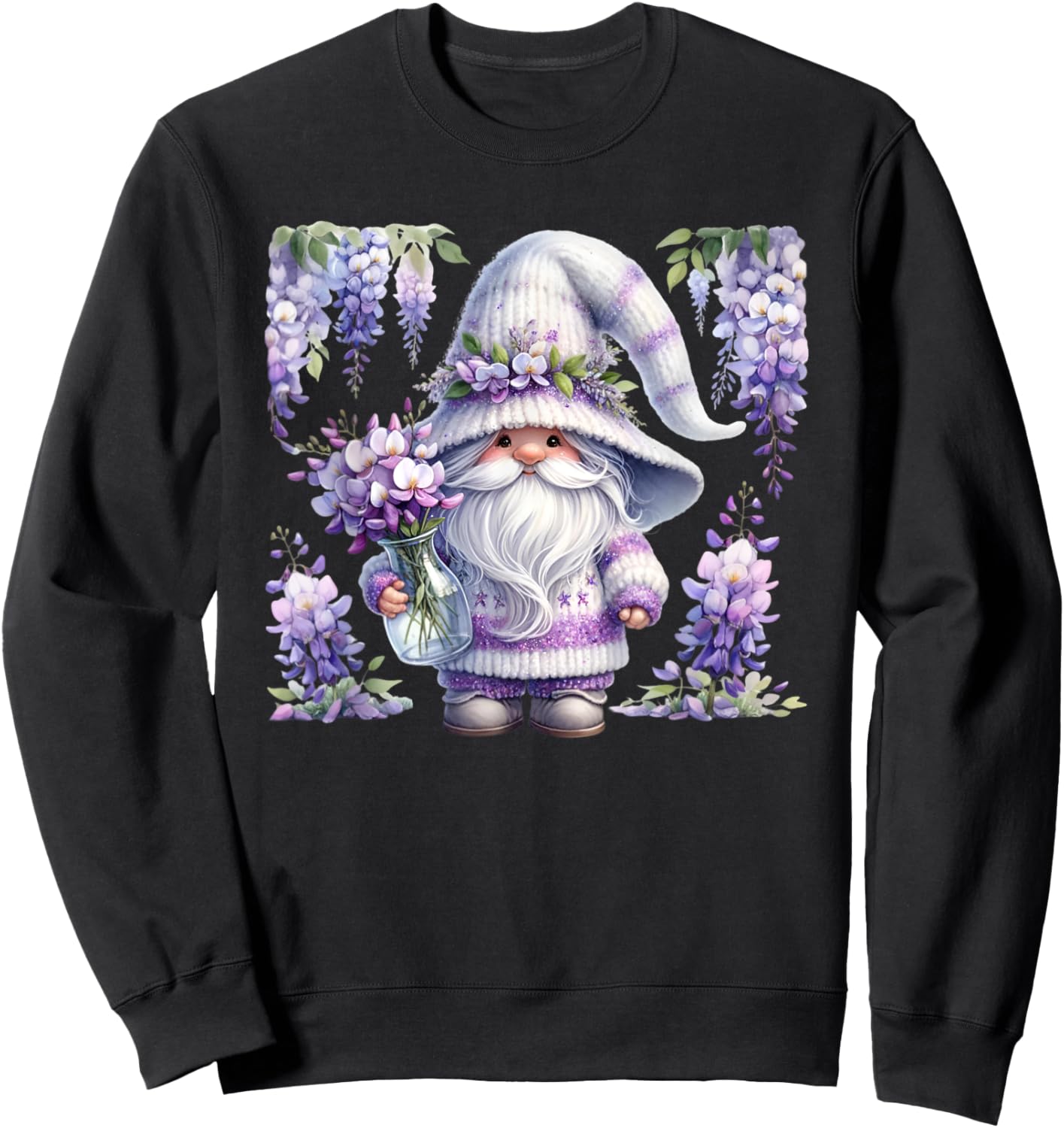 Purple Wisteria Flowers For Mom Cute Gardening Gnome Floral Sweatshirt - Sweatshirt | Black